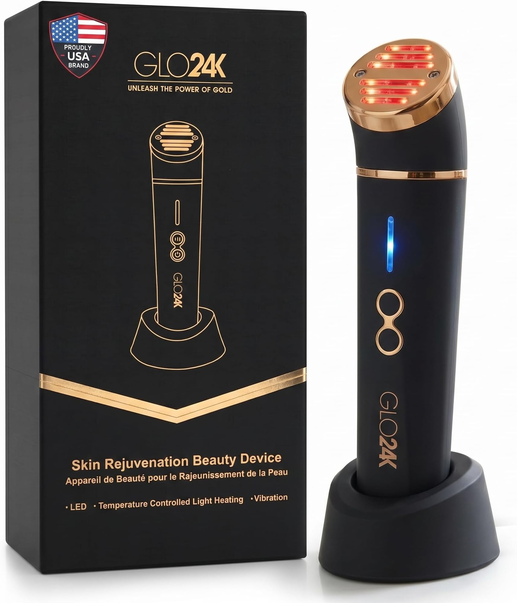 GLO24K Beauty Device for The Face. Based on Triple Action L E D, Thermal, and Vibration Technologies.