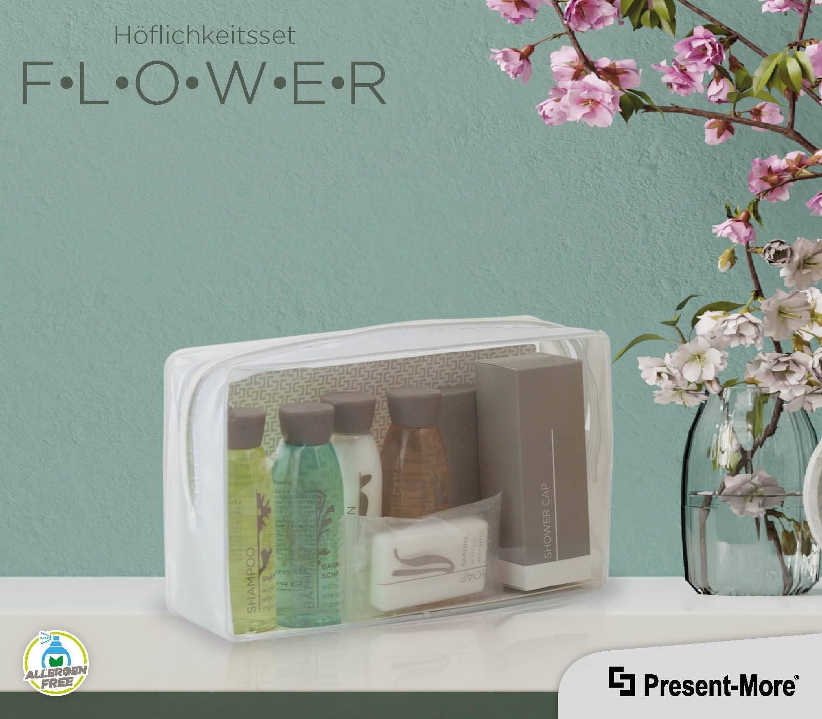 Present-More Amenities Kit Flower - Welcome Gift Toilettenartikel 40 Gäste für Hotels und B&B | Allergenfreie Amenities Kit mit Duftnoten von weißer Tee