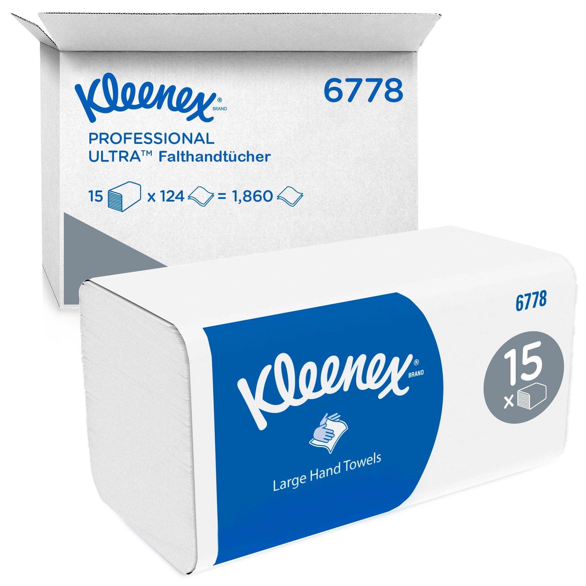 Kleenex Ultra große Papierhandtücher mit Interfold V-Falz 6778, 2-lagige Papiertücher, FSC-Papier, 15 Packungen x 124 Handtücher (1.860 Falthandtücher), Kompatibel mit Standard-Papiertuchspendern