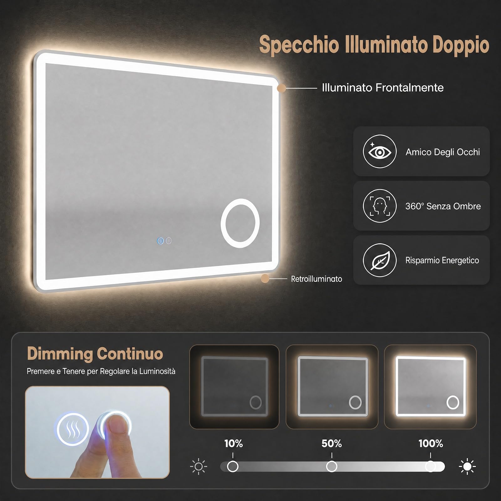 COSTWAY Specchio Bagno da Parete con Luce LED e Lente d'Ingrandimento 3X