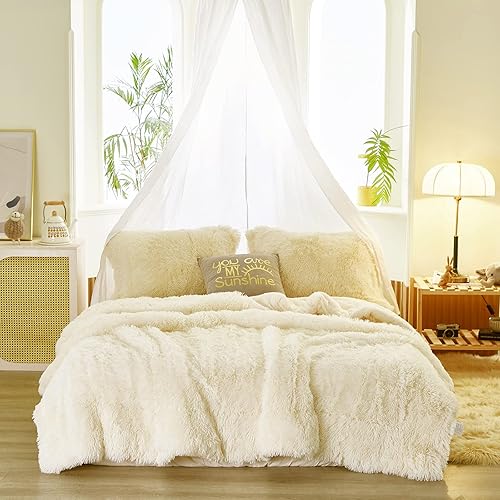 Miniatura 6 de Juego de edredón de lujo de pelo sintético lanudo tamaño matrimonialqueen, edredón reversible de felpa y sherpa, color beige, juego de ropa de cama