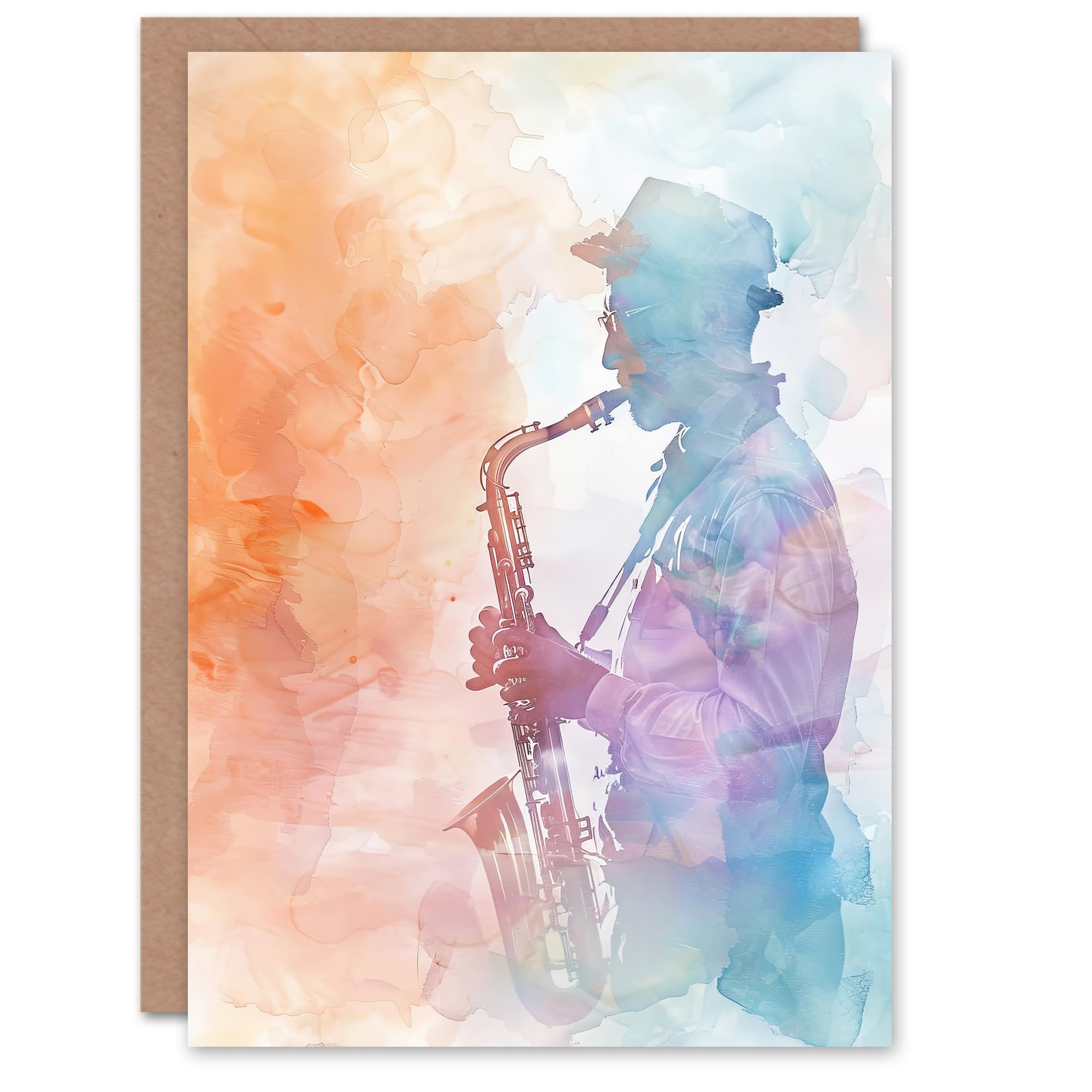Artery8 Greeting Card Jazz Saxophonist Rainbow Smoke Light Watercolour Blank For All Him Or Her Art Birthday Card
