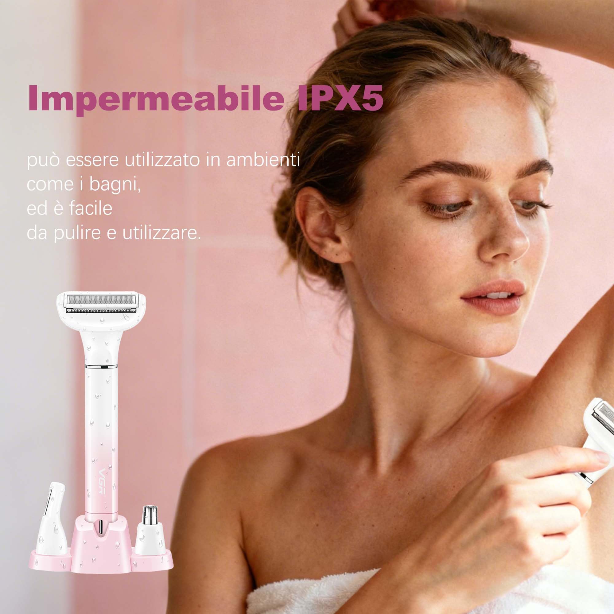 VGR 611 - Rasoio elettrico da donna 3 in 1, senza fili | Rasoio per peli del naso e del viso, ricaricabile, depilazione delicata per gambe, ascelle, bikini e viso