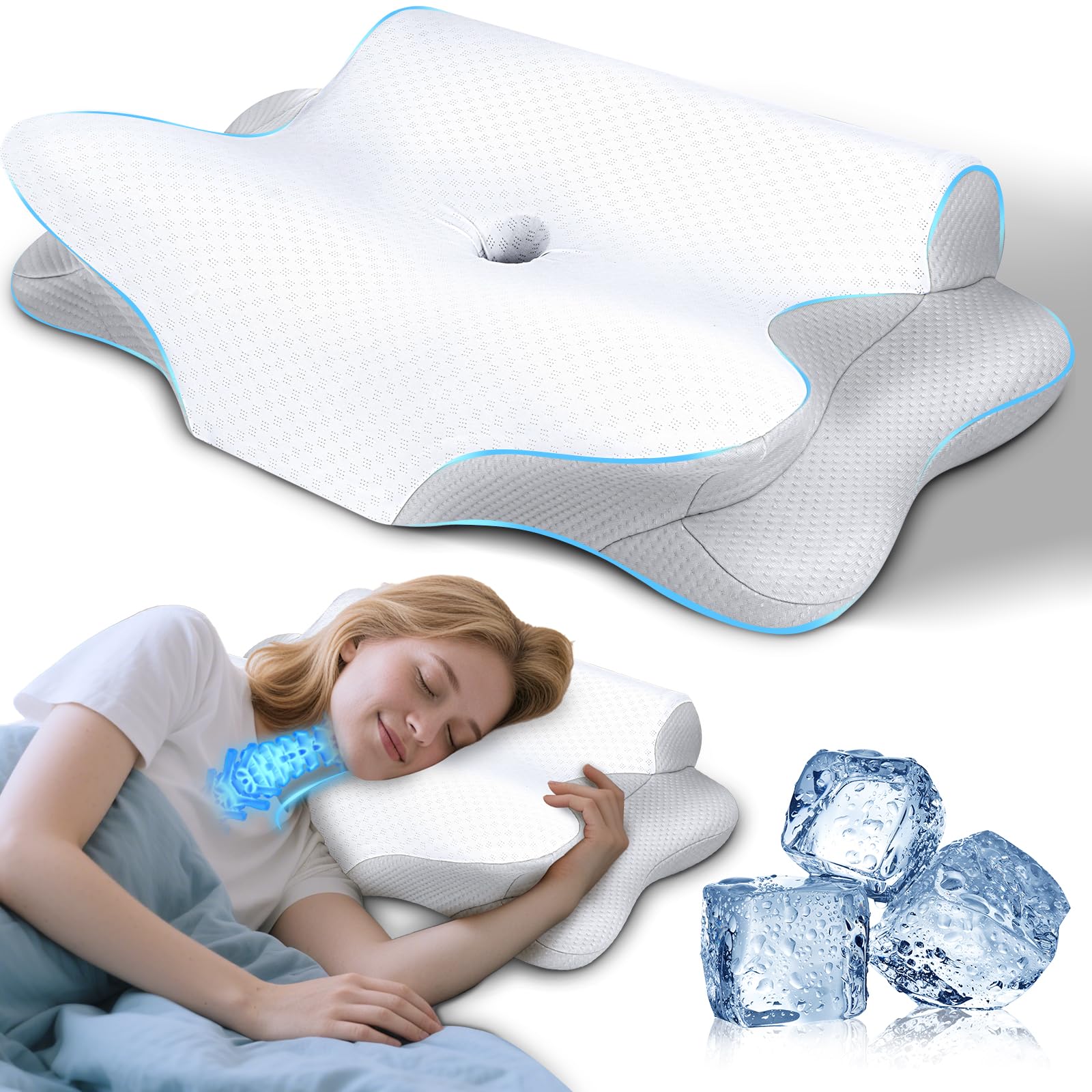 SAHEYER Almohada Cervical Ergonómica, 2 en 1 Almohada Ortopédica para Soporte de Cabeza/Cuello/Hombro, Almohada Espuma de Memoria para Dormir de Lado, Espalda y Estómago OEKO-TEX STANDARD 100