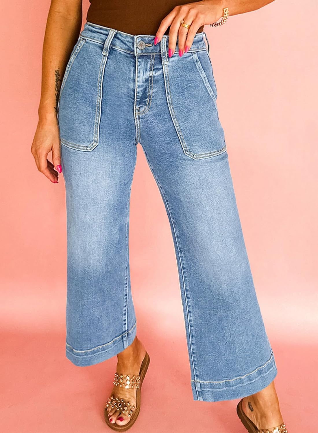 Astylish Women's 2026 Stretchy Wide Leg High Waisted Jeans Tummy Control Casual Cropped Ankle Denim Pants - Image 2