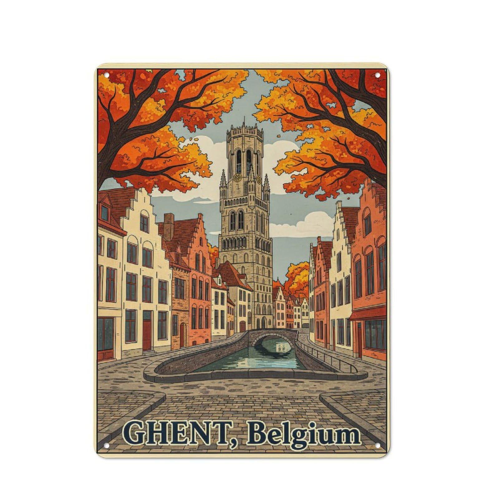 Junmoney Style-24 Ghent, Belgium Autumn Canal Scene Decorative Metal Wall Decor 40X30cm, Decorative Tin Plaque For Bedroom, Kitchen, Office Or Living Room