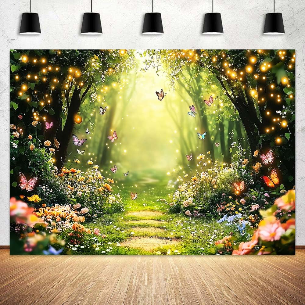 7 x 5 ft Spring Enchanted Forest Photography Backdrop Easter Fairy Garden Magic Wonderland Butterfly Background Kids Girl Party Decoration Spring Cake