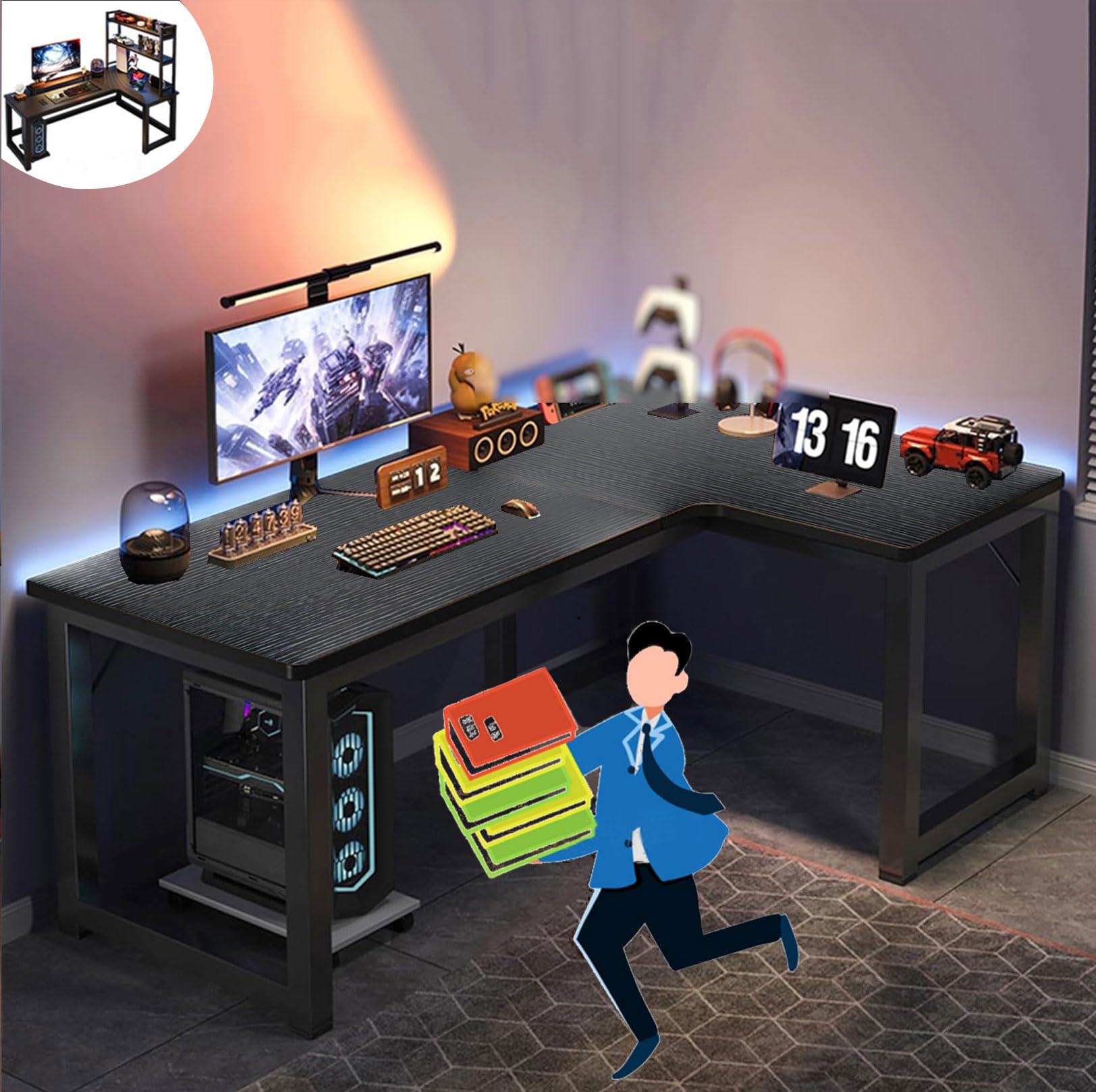 Amazon | Gguwug L字型 パソコンデスク おしゃれ カーボンファイバー色