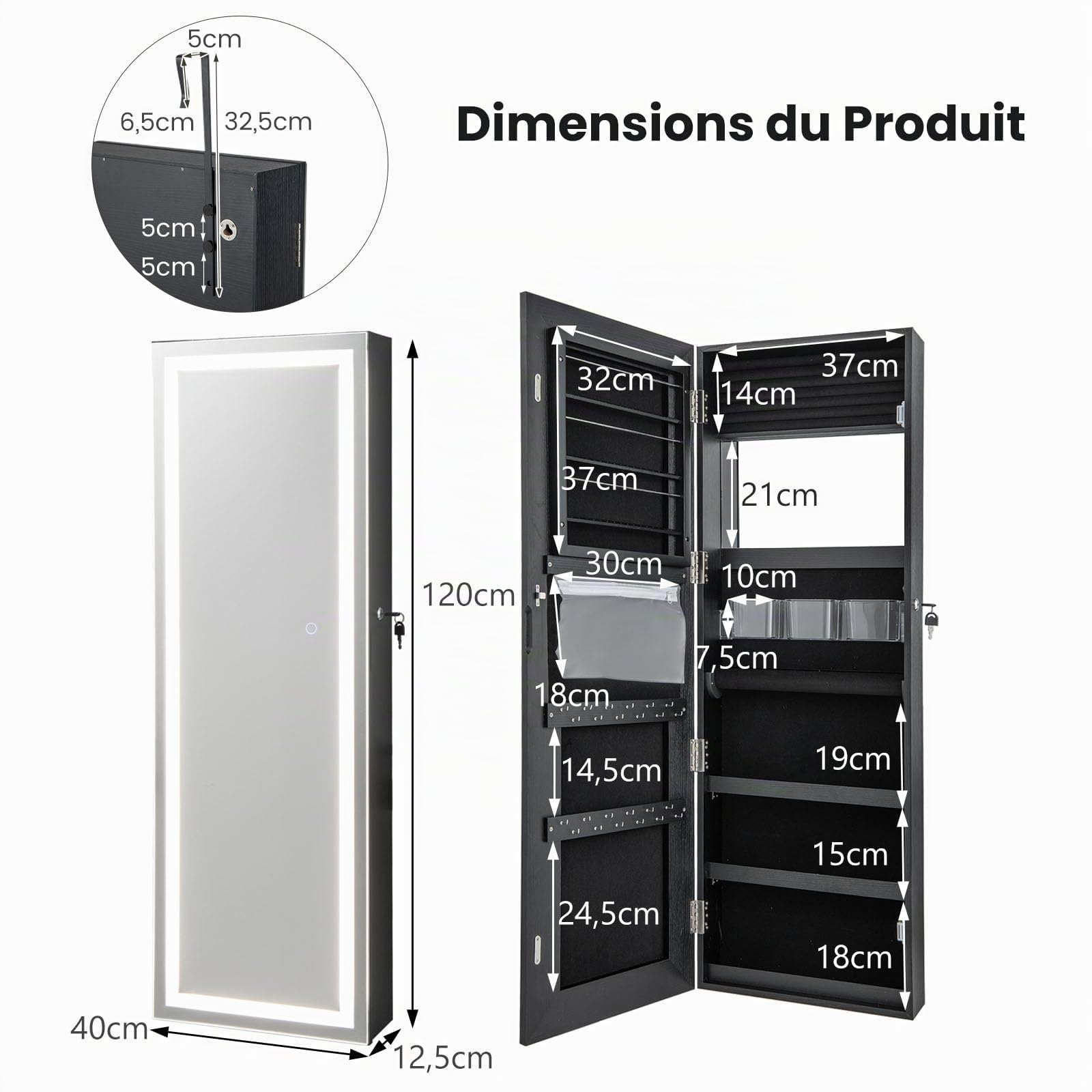 RELAX4LIFE Armoire à Bijoux Murale avec Miroir et Éclairage LED 3 Couleurs