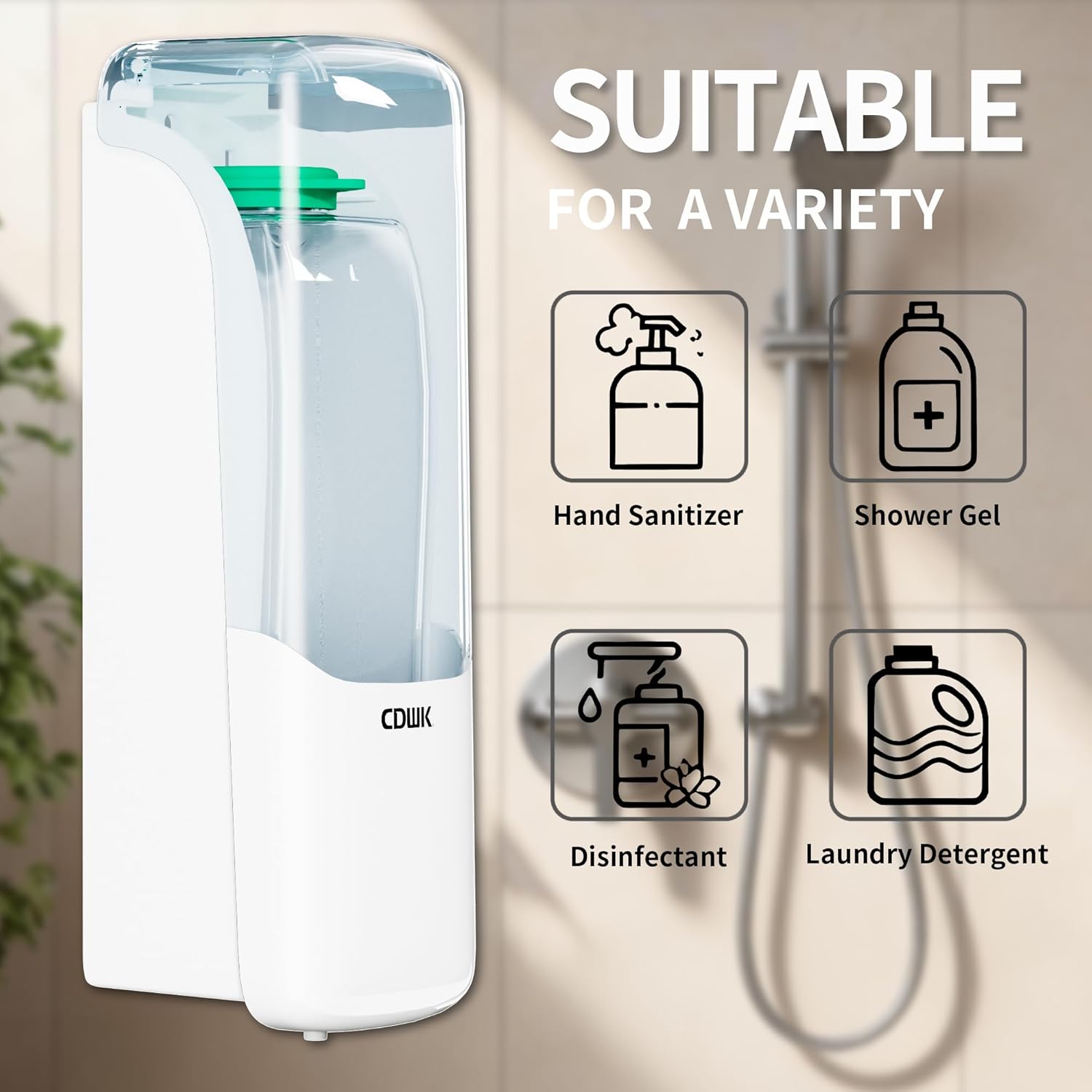 Hand Soap Dispenser Wall Mount, 10fl.oz/300ml Liquid Soap Dispenser Bathroom, Hand Sanitizer Dispenser for Kitchen White, CD-1158 - Image 5