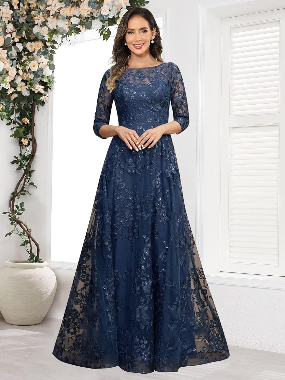 BOLENSYE Lace Appliques Mother of The Bride Dress Sequins Crewneck 3/4 Sleeves A-Line Elegant Formal Dresses