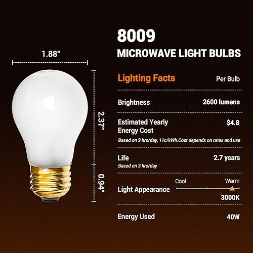 Miniatura 2 de Bombilla 8009 para horno refrigerador, bombillas de repuesto de 130 V y 40 W para Whirlpool GE Kenmore Frigidaire Amana KitchenAid para refrigerador