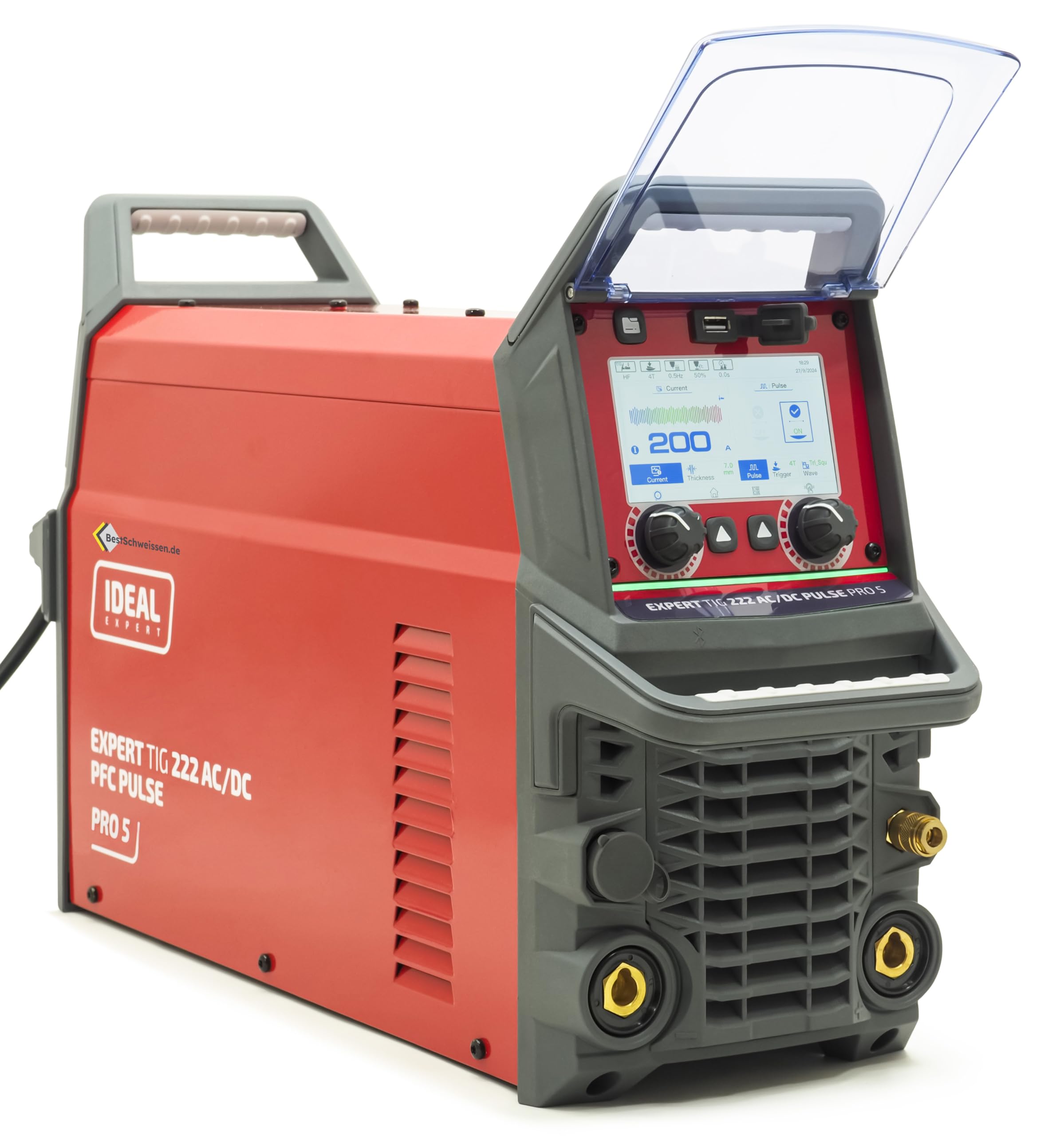 IDEAL Expert TIG 222 AC/DC WIG - Equipo de soldadura XXL (incluye casco automático A20, kit de lentes de gas, soporte magnético, botella de argón y accesorios, inversor de aluminio de 200 A, PFC