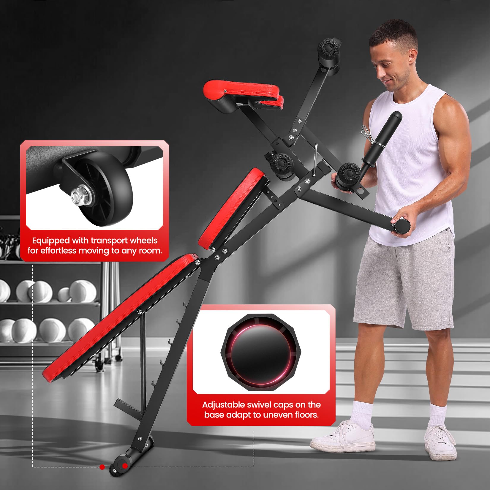 Adjustable Weight Bench with Leg Extension & Leg Curl, Preacher Curl Workout Bench with Wheels, 800LBS ASTM Certified, Flat Incline Decline Bench for Home Gym