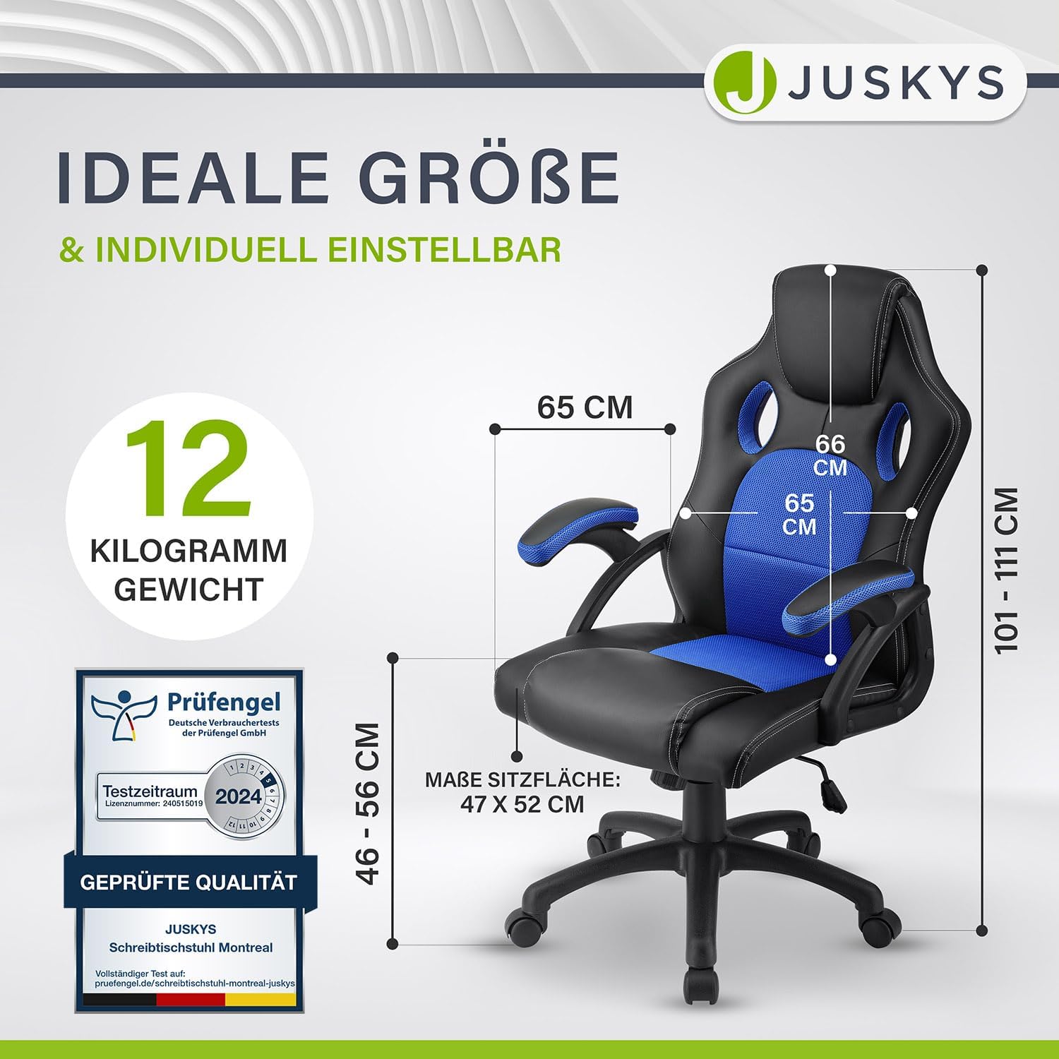 Diagram showing the dimensions of the Juskys Montreal Racing Desk Chair, including seat width, backrest height, and overall height range.