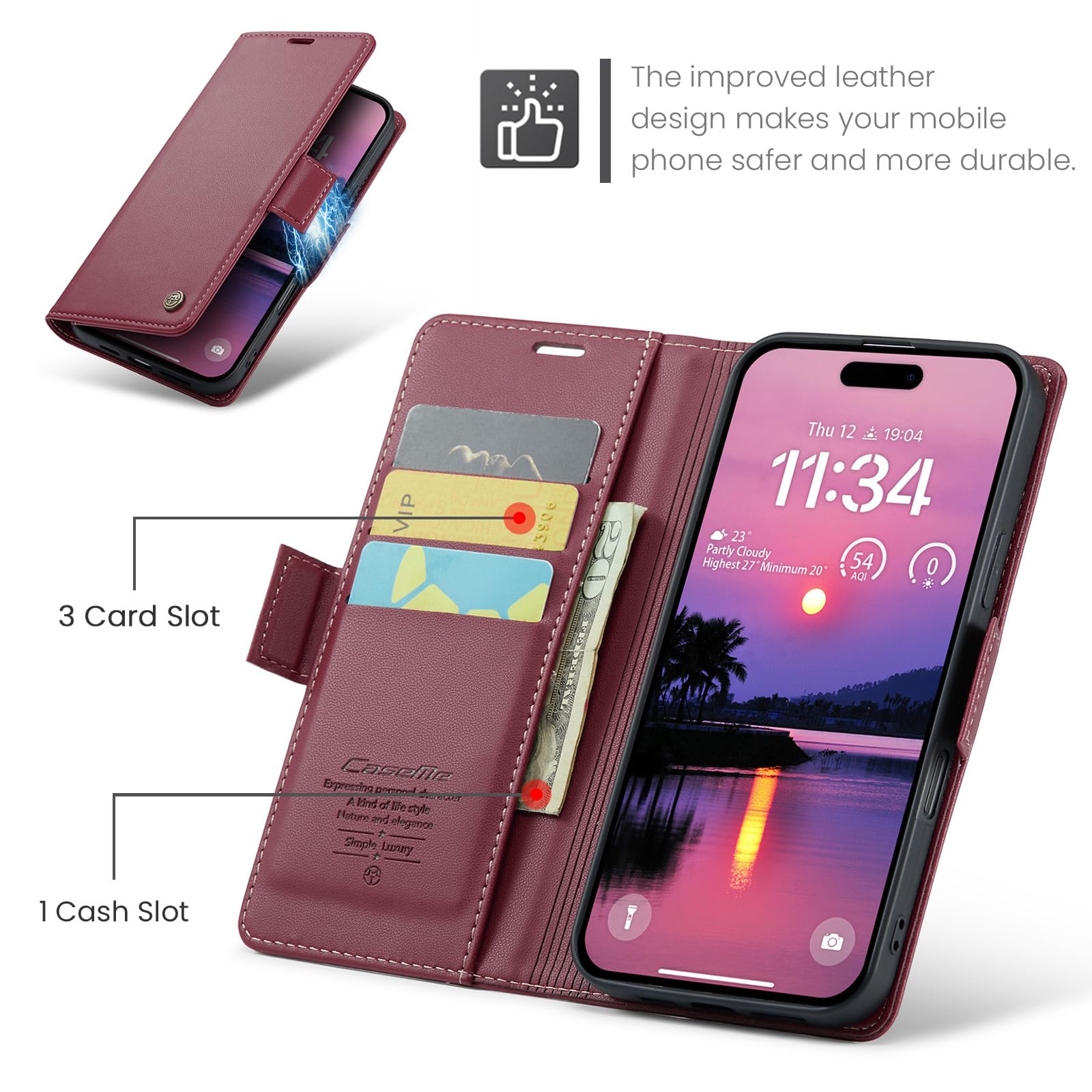 Etui do iPhone 16 Pro, wysokiej jakości skórzane portfela Case z [blokada RFID] stojak magnetyczne karty klapką ochrona obudowa Kompatybilne iPhone 16 Pro, Czerwony