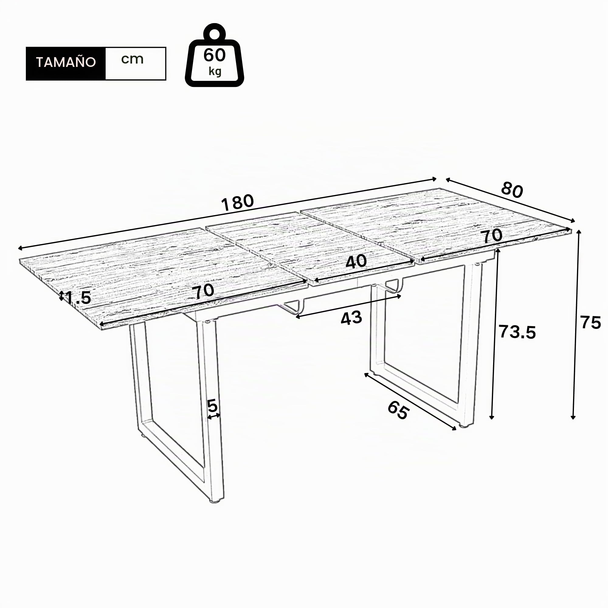Mesa de comedor extensible 140/180 x 80 x 75 cm, estilo industrial, MDF con aspecto de roble, marco negro, ahorra espacio, estable, ideal para comedores modernos, capacidad