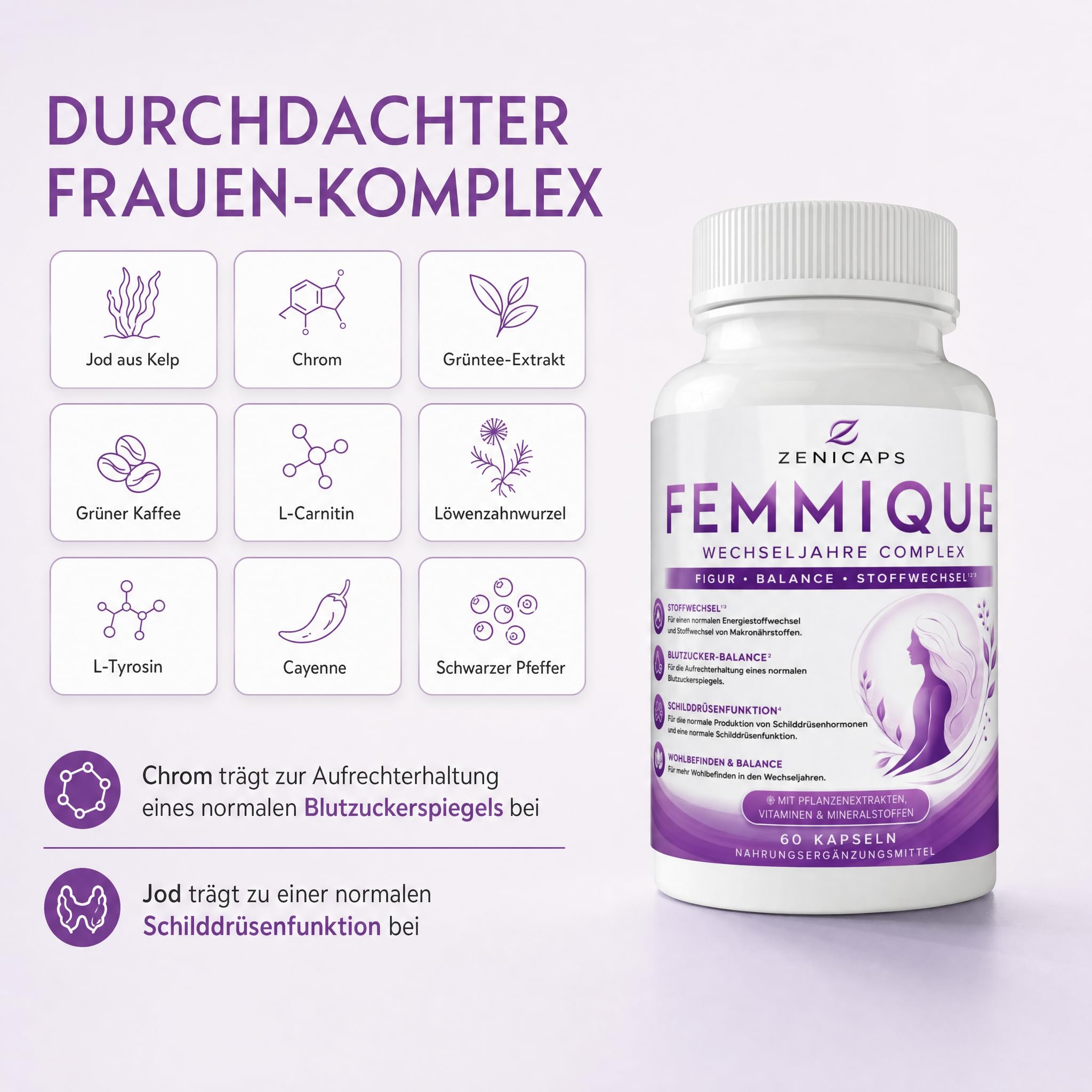 FEMMIQUE Wechseljahre Complex 60 Kapseln – Frauen Komplex mit Jod & Chrom – für normalen Energiestoffwechsel, Makronährstoffwechsel & Schilddrüsenfunktion