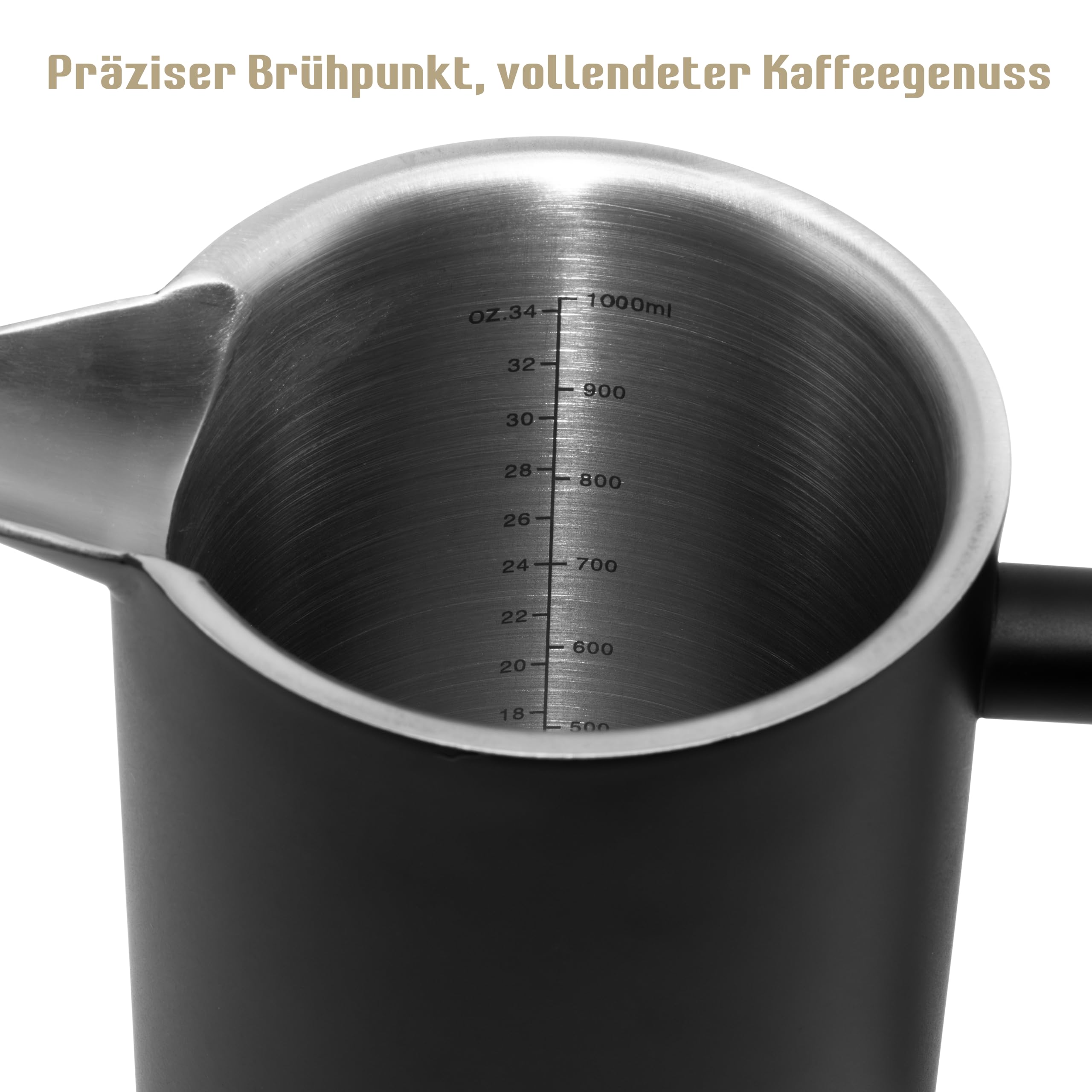 French Press Set I Cafetera Thermo Prensa de Café de Filtro 1 Litro Espumador de Leche Doble Pared Aislante Acero Inoxidable (Negro)