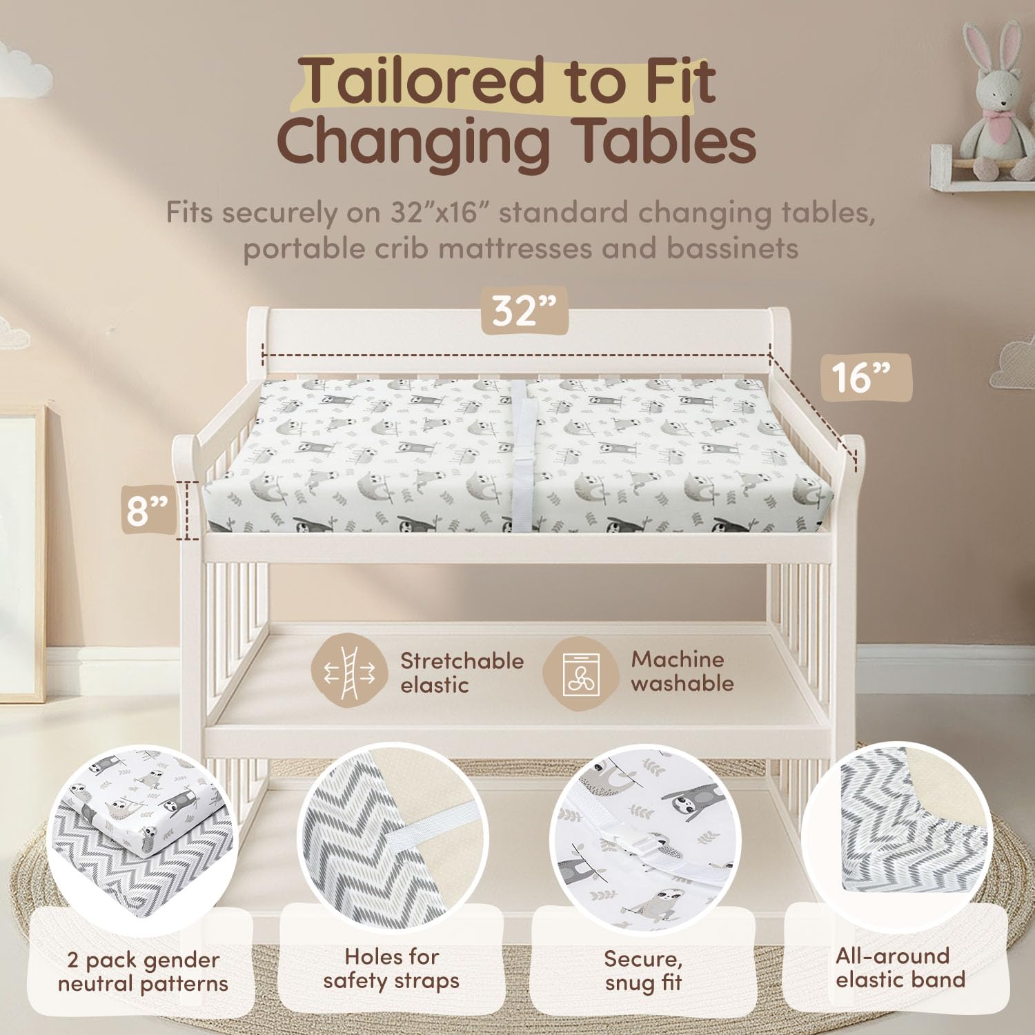 Fundas para cambiador de bebé, sábana de mesa de 32 x 16 pulgadas, bolsillo profundo de 8 pulgadas, funda para cambiador de pañales, 100% algodón, sábanas de bebé con cheurón y perezoso para niñas y