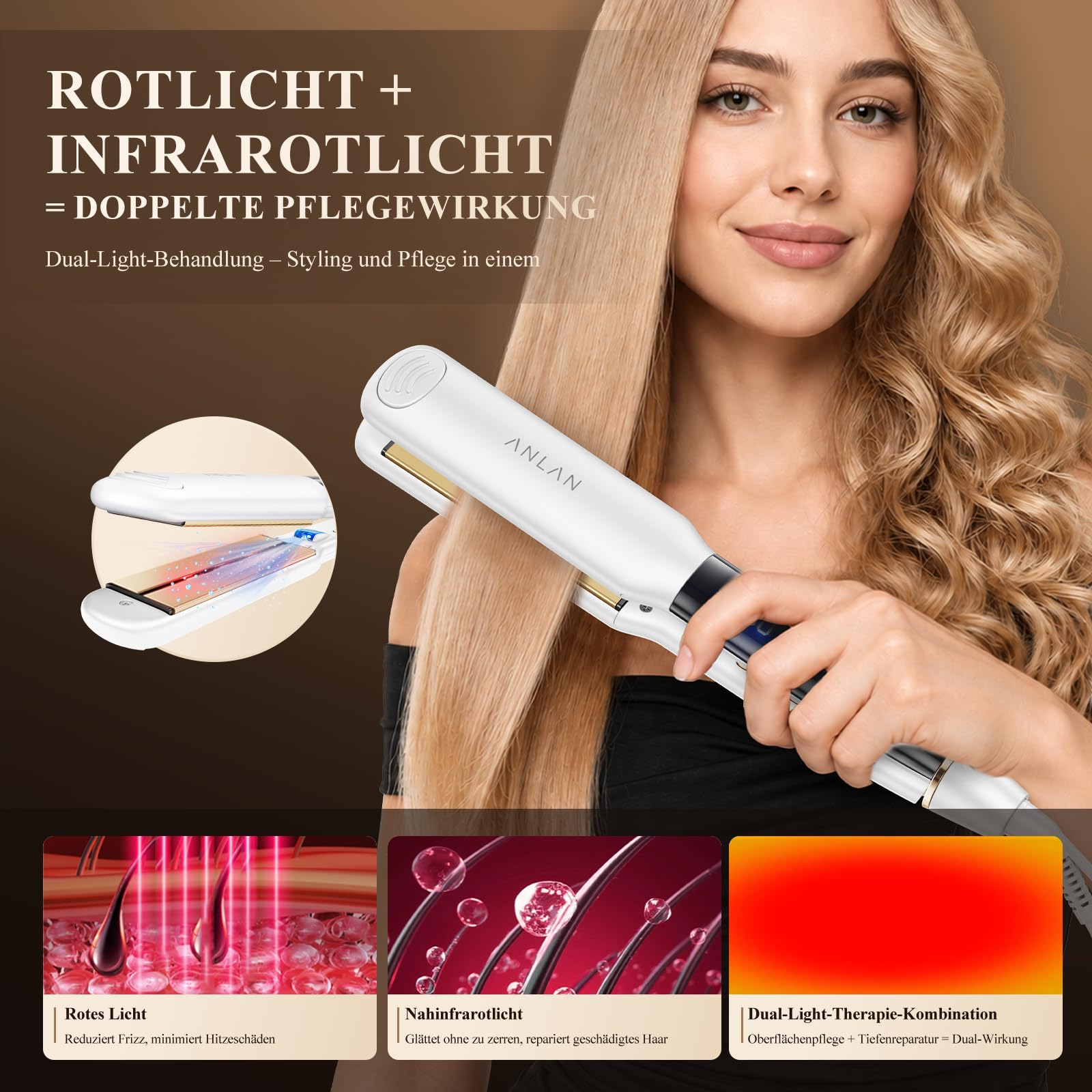 ANLAN Glätteisen 2in1, 36mm, 15s Schnellaufheizung, Ionen-Haarpflege | Rotlicht & Infrarot für Haarpflege, 100–230 °C Temperaturkontrolle mit LCD-Anzeige