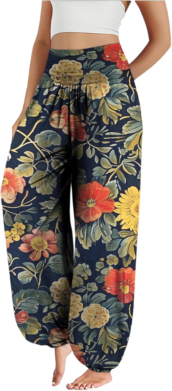 Harem Pants for Women Trendy Boho Floral High Waisted Yoga Pants Casual Flowy Lounge Trousers with Pocket