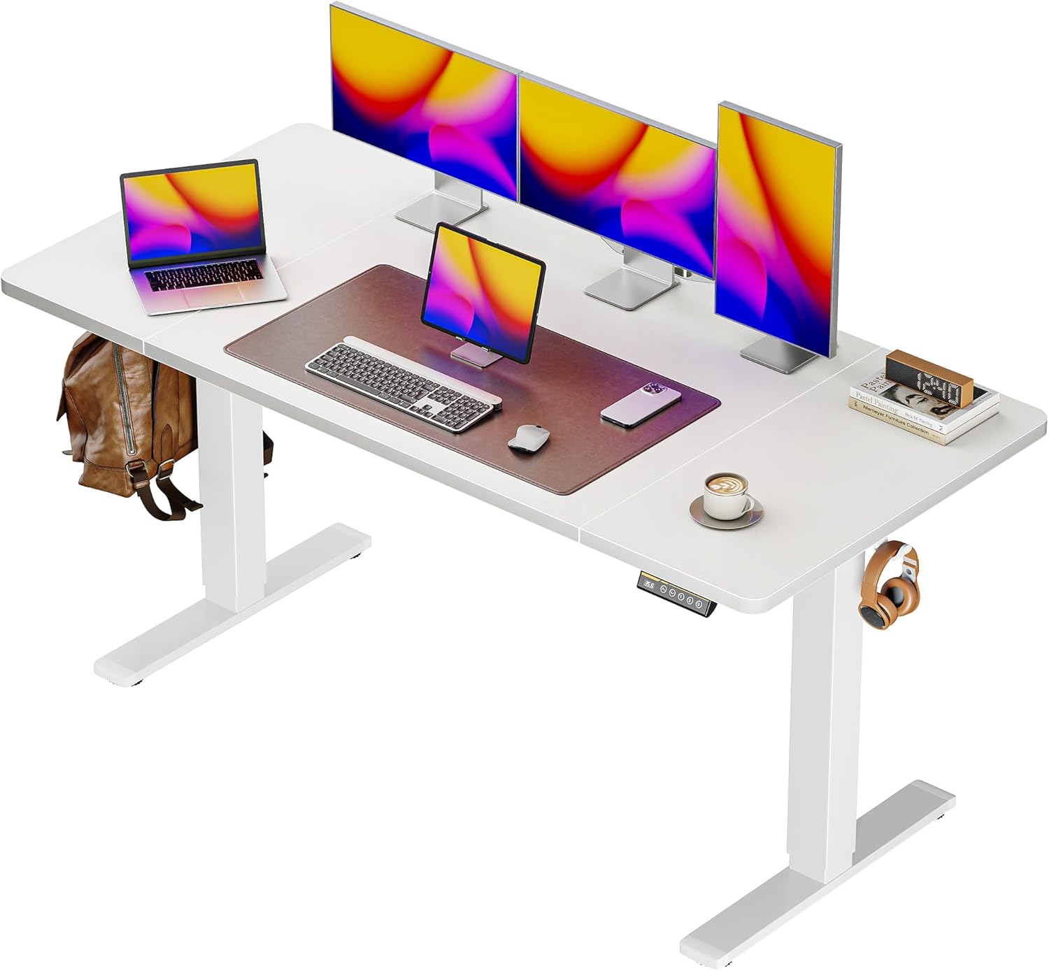 Huuger 55 x 28 Large Electric Standing Desk, Height Adjustable Copmuter Desk, 27.6" Deep Desktop, Stand up Gaming Office Table with 2 Hooks, 3 Preset Heights, for Home Office, White White 55*28 inch