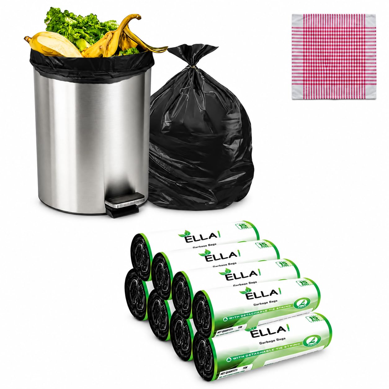 ELLA Garbage Bags 24×32 Inches | 120 Bags (8 Rolls × 15) | Black | Large | Strong & Leak-Proof Dustbin Covers for Home, Kitchen, Bathroom & Office | Free Check Duster Cloth