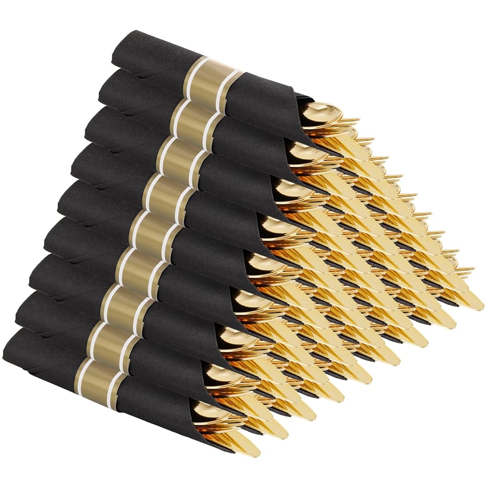 Supernal 30 Pack Pre Rolled Gold Plastic Silverware Set with Napkins, Wrapped Plastic Cutlery Set, Disposable Utensils Includes 30 Forks, 30 Knives, 30 Spoons, 30 Napkins for Party, Wedding