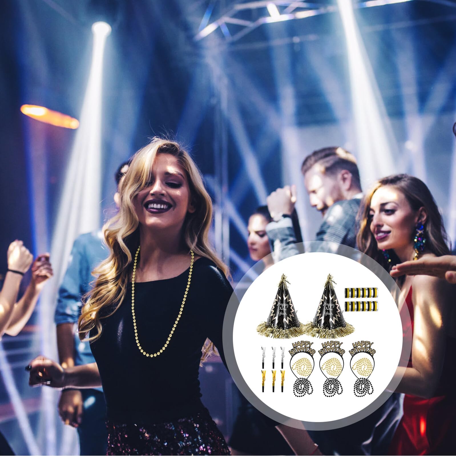 Neujahrs-partyset Silvester-deko Kegelhüte mit Quasten Kopfbänder Halsketten Krachmacher Schwarz-gold für Festliche Jahresendfeiern und Foto Requisiten