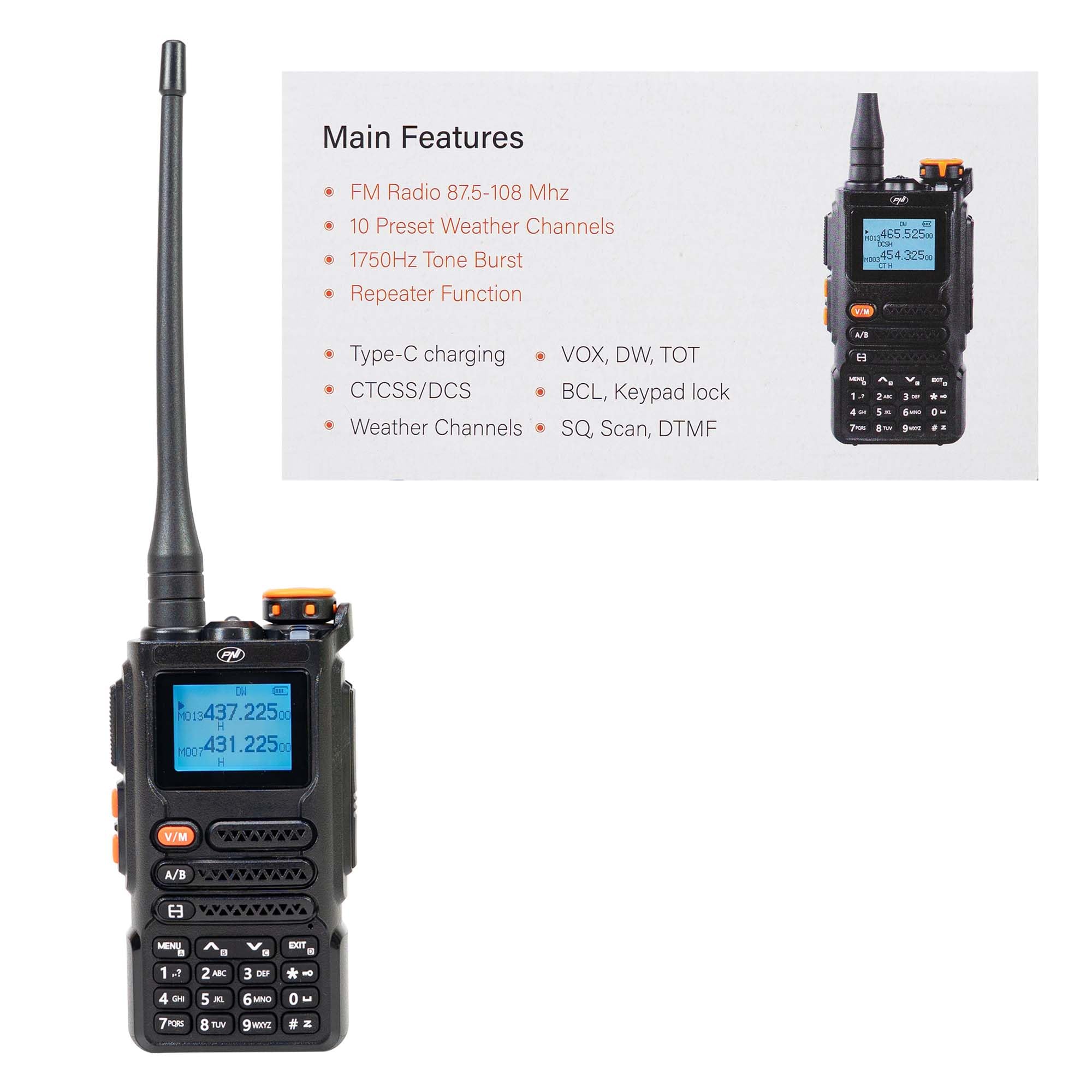Estación de Radio portátil VHF/UHF PNI P16UV 999 Canales, Doble Banda TX y 6 Bandas RX, transmisión VOX, escaneo, Radio FM, Canales meteorológicos, Iones de Litio, 2600 mAh