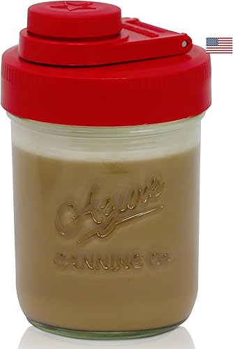 Brewing America Tarro de crema con tapa de vertido y 1 pinta (16 onzas) Azure Mason frasco, tapa roja de boca ancha para leche, azúcar y crema, 1