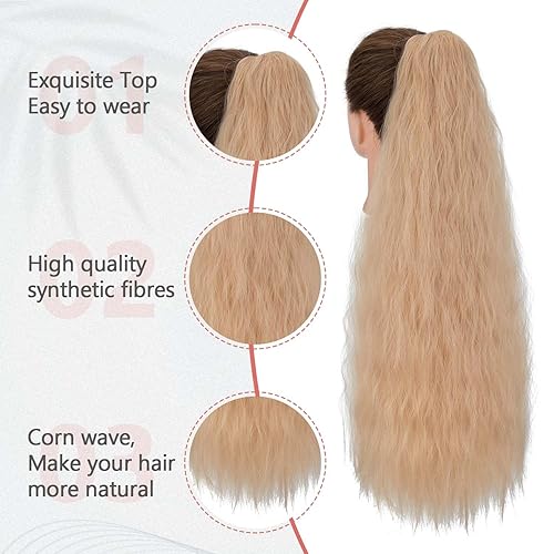 Miniatura 3 de S-noilite Extensión de cola de caballo larga con cordón, de 32 pulgadas, rizada, ondulada con clip, para mujer, color rubio con mezcla de rubio