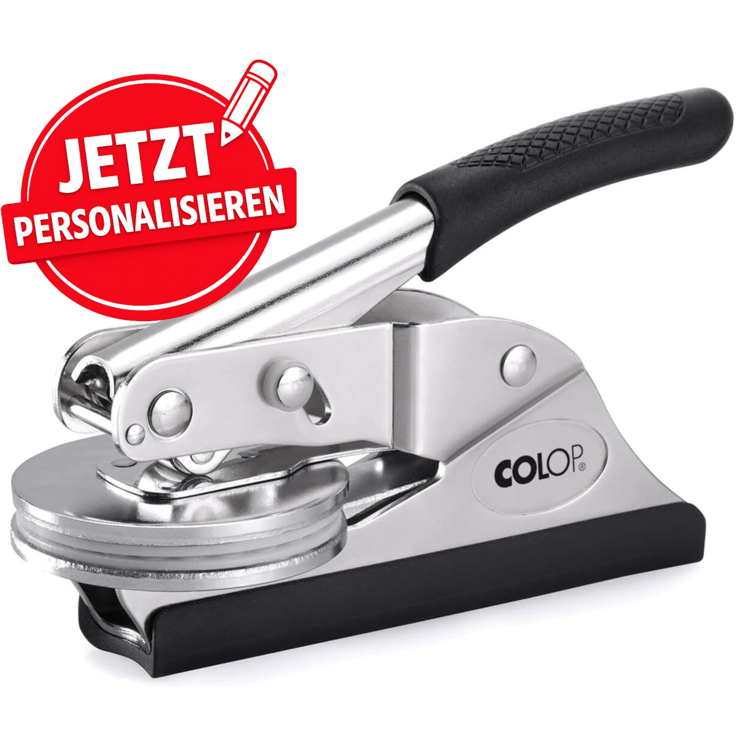 COLOP Prägezange individuell gestaltbar – personalisierter Prägestempel Wunschtext & Logo – hochwertiges Prägesiegel für Papier – Blindprägung – Büro Hochzeit Notar (8 Zeilen Rund 51 mm Durchmesser)