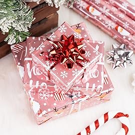 LeZakaa Christmas Wrapping Paper Bundle - Mini Roll with Bow, Ribbon, Sticker and Gift Tag - Pink Metallic Foil Design with Snowflakes/Santa Claus/HO Print -17 x 120 inches -3 Rolls(42.5 sq.ft.ttl.)