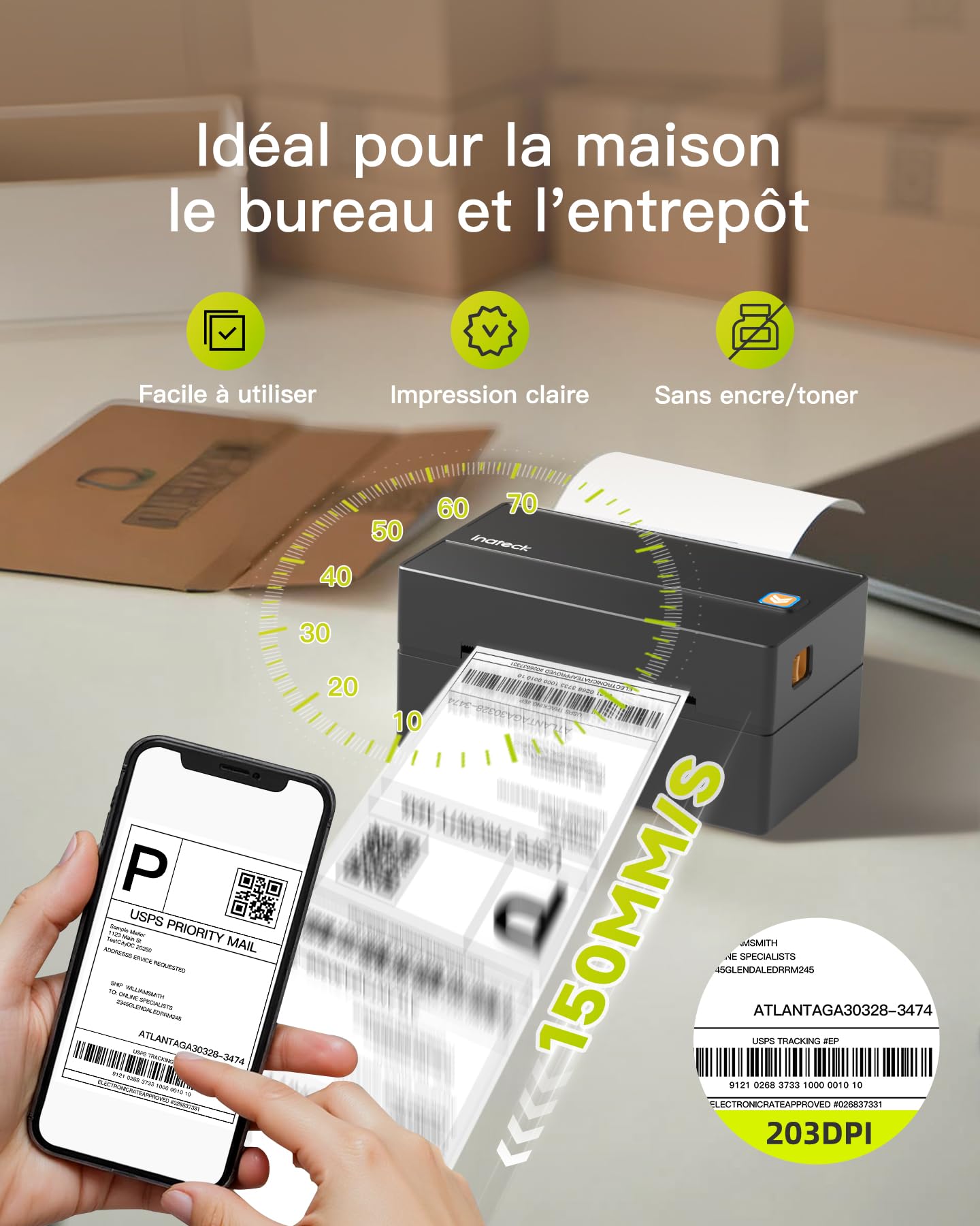 Inateck Imprimante d'étiquettes Thermiques Mobiles sans Fil 4 x 6 Noir