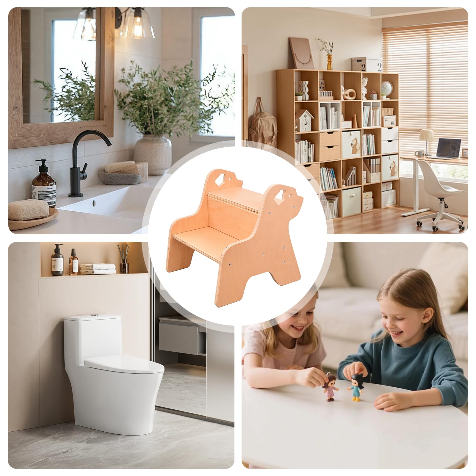 Sgabello a 2 Livelli per Bambini in Legno con Maniglia, Robusto Gradino per Cucina Bagno Cameretta
