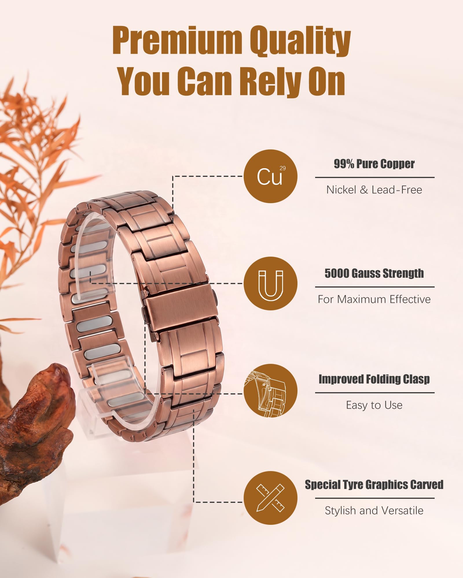 Jeracol Kupfer-Armbänder für Herren, 99 % reines Kupferarmband, verstellbare Größe und Schmuck-Geschenkbox (Kupfer Classic)
