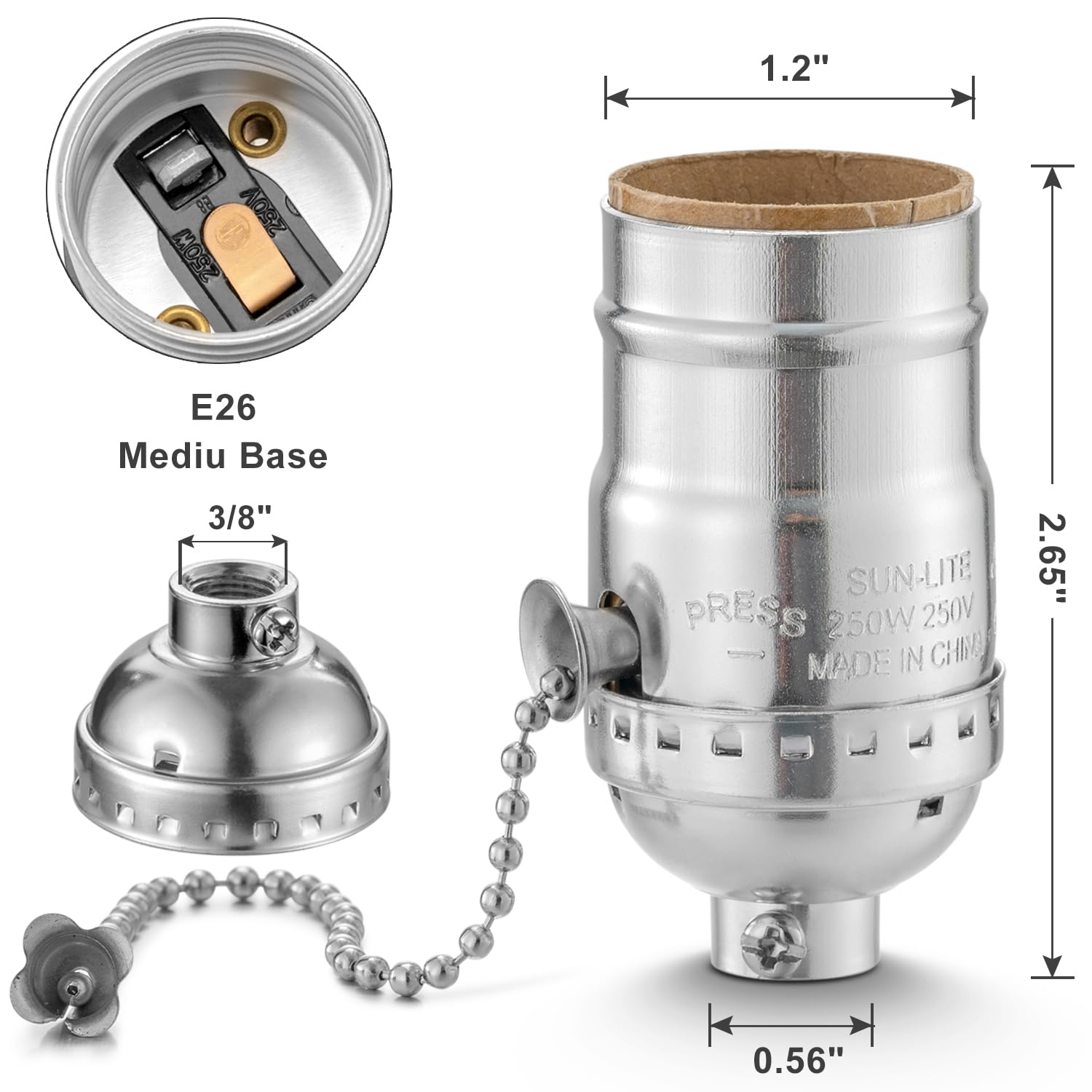 Pull Chain Lamp Socket, E26 Standard Threaded Base, Lamp Parts for