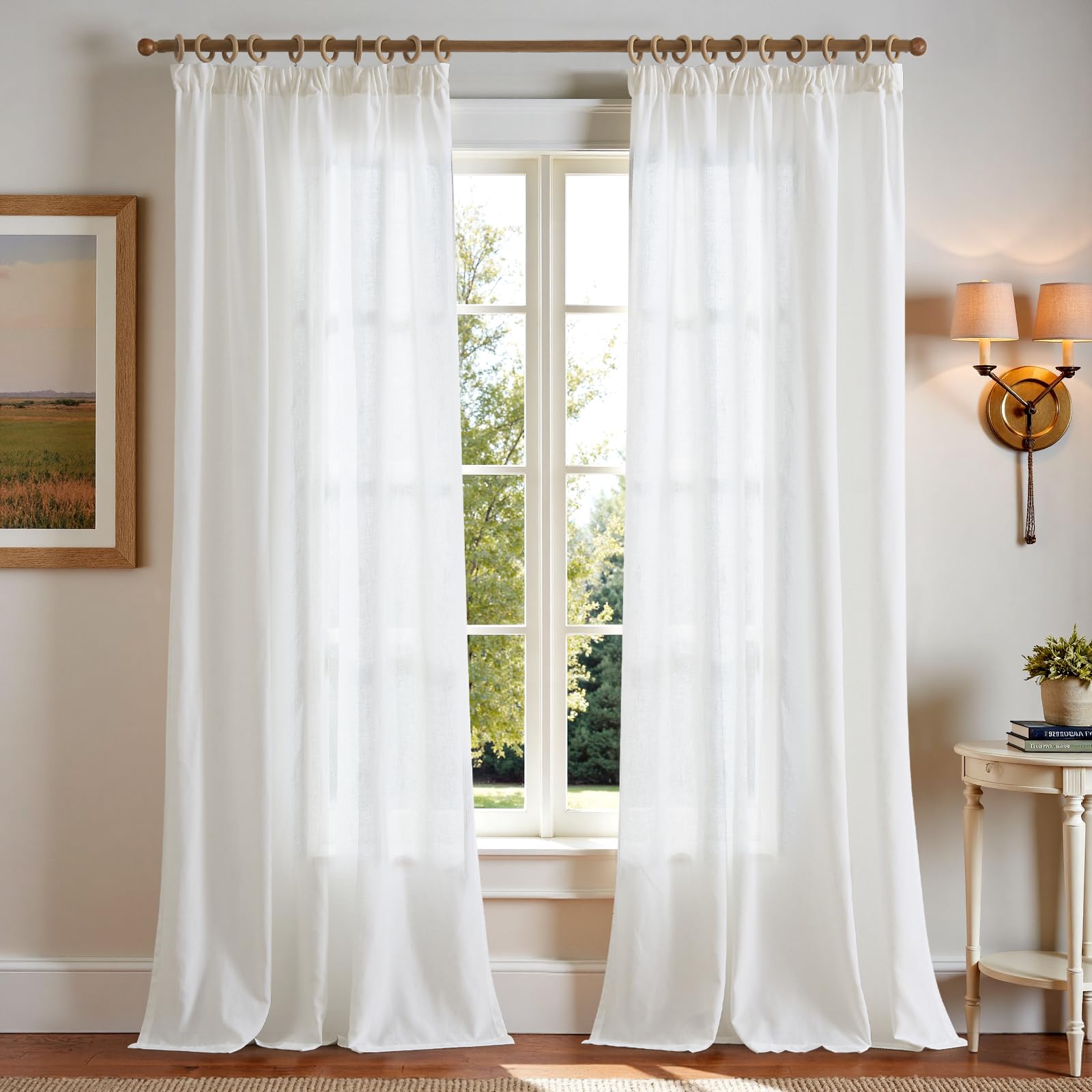 TOPICK Tendaggi con nastro arricciato in lino per soggiorno e camera da letto, tende semi-trasparenti per sistema a binario, stile country, tende con passanti nascosti, set da 2, 140x245 cm
