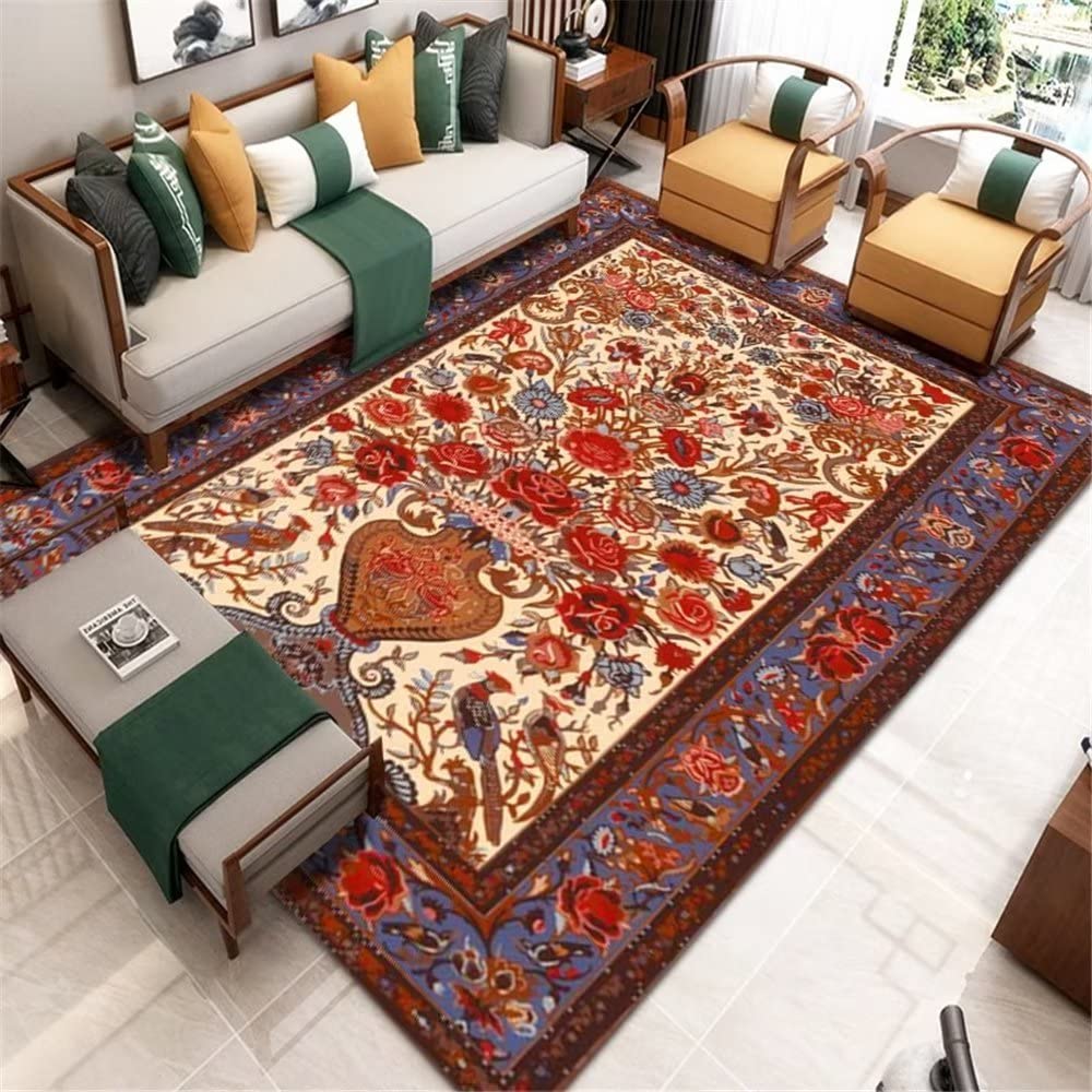 Tapis enfant 80x160cm rouge rétro à motifs floraux géométriques pour salon