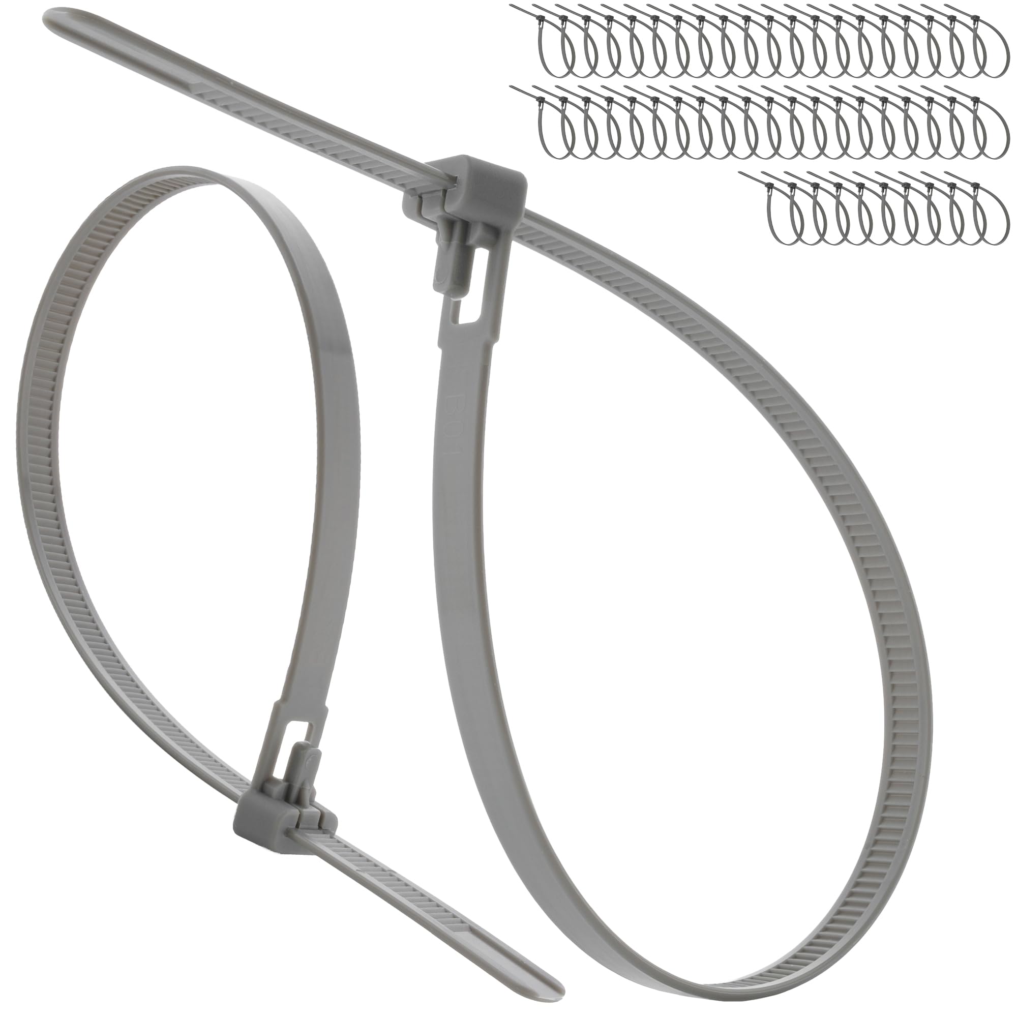 On1shelf Grey Releasable Cable Ties 7.2Mm X 300Mm 50 Pack Heavy Duty Reusable Zip Ties, Adjustable Removable Nylon Pa66 Tie Wraps For Wiring, Garage & Cable Management