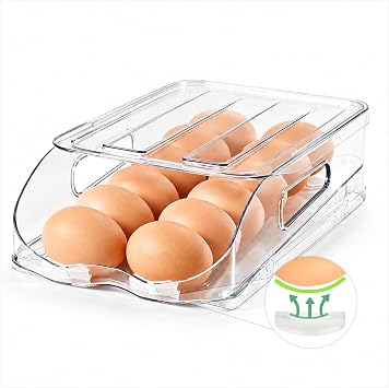 SMRCAD Egg Holder for Fridge, Automatic Steady Rolling Egg Container with Soft Bumpers & Handle for Refrigerator, Stackable Fridge Organizers and Storage with Lid