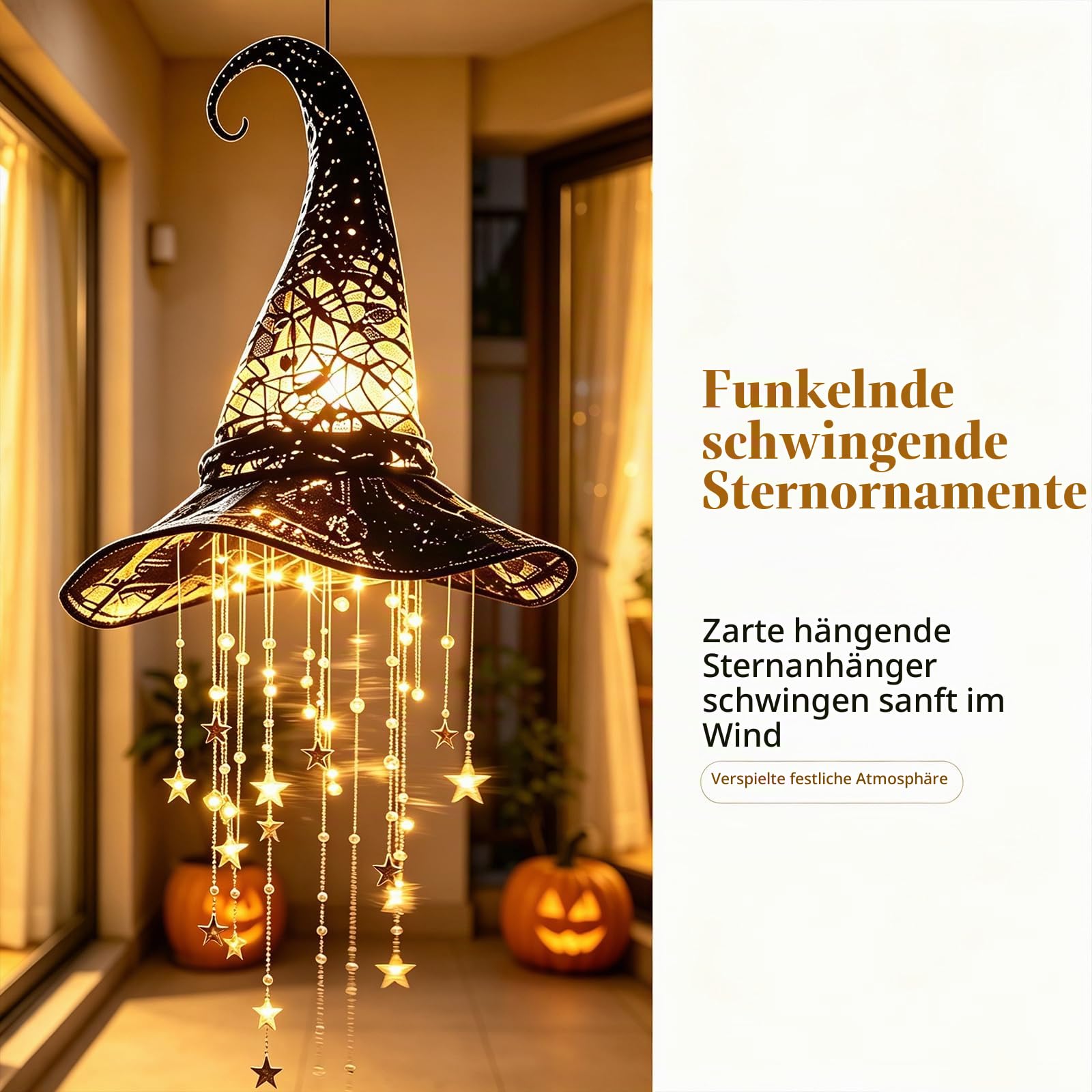 Beleuchtetes Hexenhut-Windspiel, Leuchtendes Gothic-Halloween-Windspiel (2Pcs)