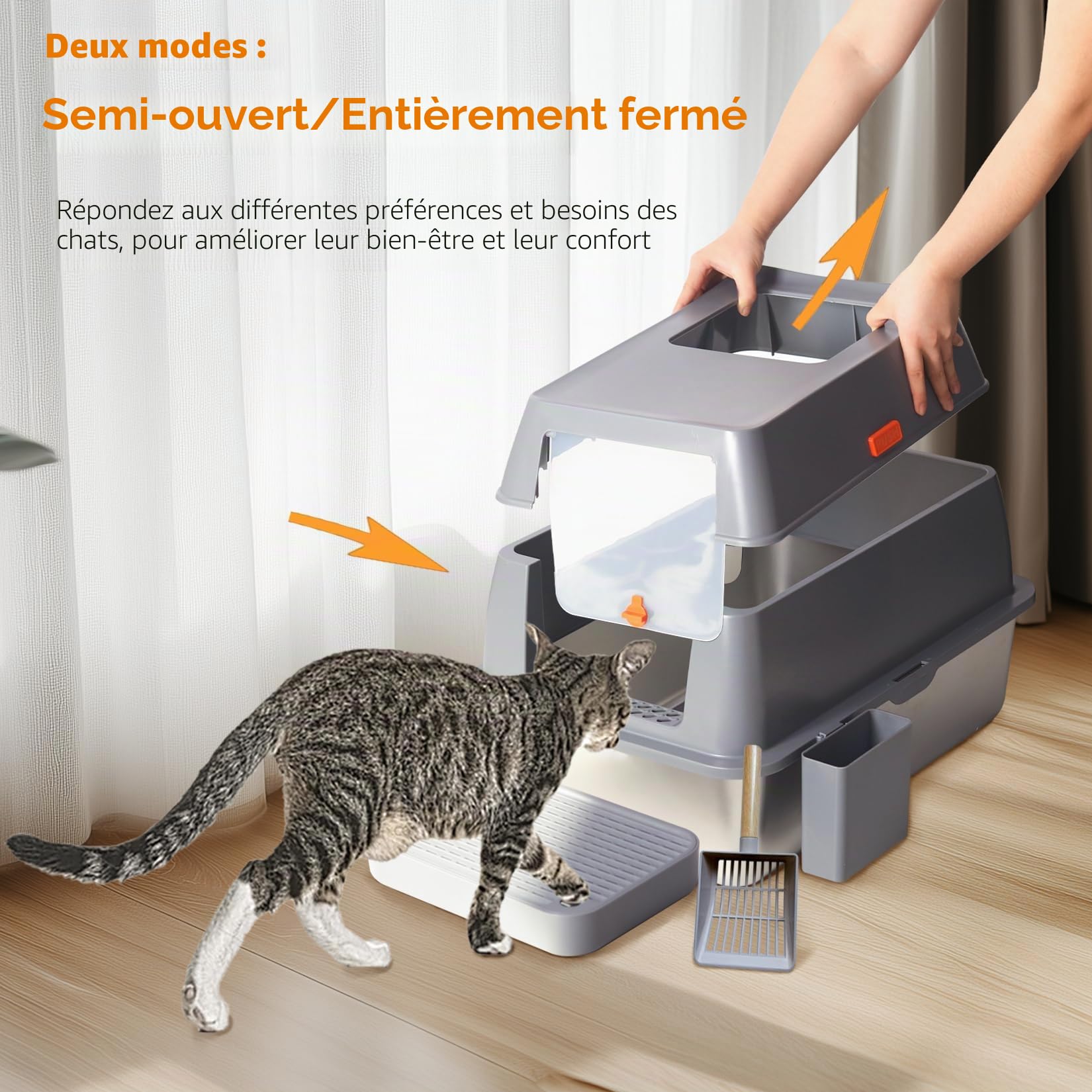 Bac a Litière pour Chat en Acier Inoxydable, Maison de Toilette XXL Anti Odeur avec Couvercle - Caisse Litière pour Chats avec Pelle