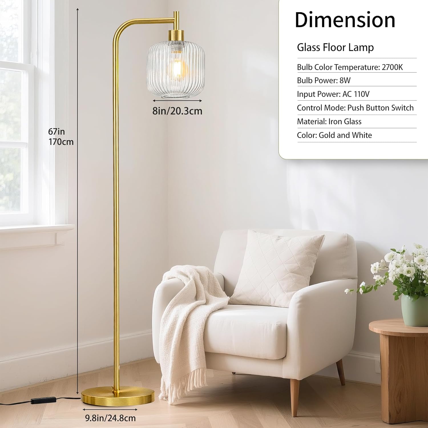 MAYNA Glass Floor lamp Living Room, Modern Vertical lamp, Remote Control Switch with Glass lampshade, 67-inch high lamp Suitable for Bedroom and Study (2700K LED Bulb Included)