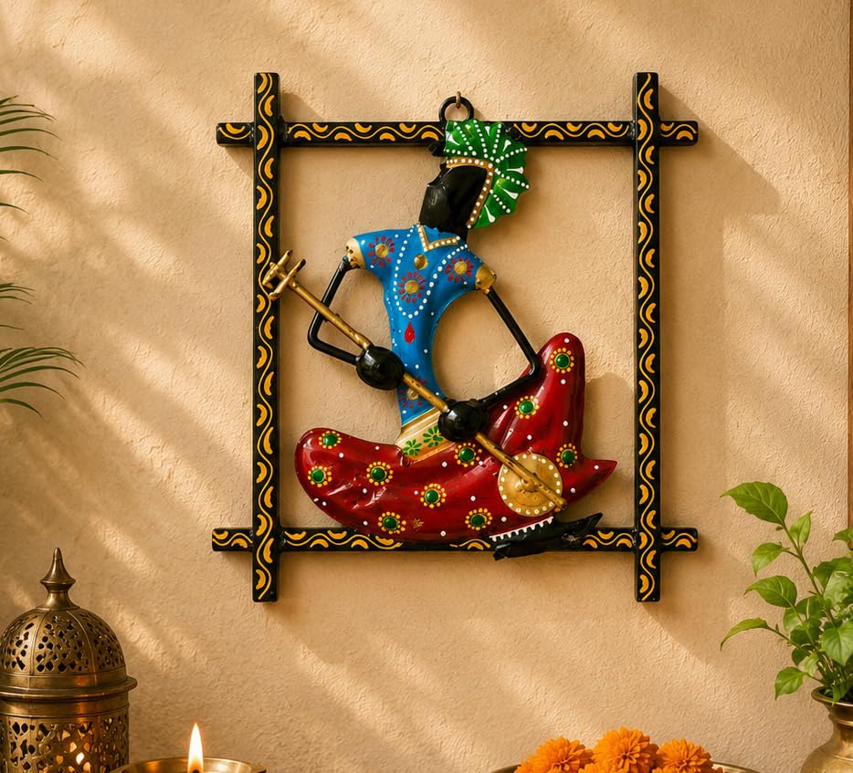 Image of iHandikart Handmade Metal Wall Art Sculpture for Home Decor | Traditional Rajasthani Musician Wall Hanging | Hand-Painted Iron Wall Art with Stone Work | Wall Art for Living Room & Bedroom | 9 x 9 Inch