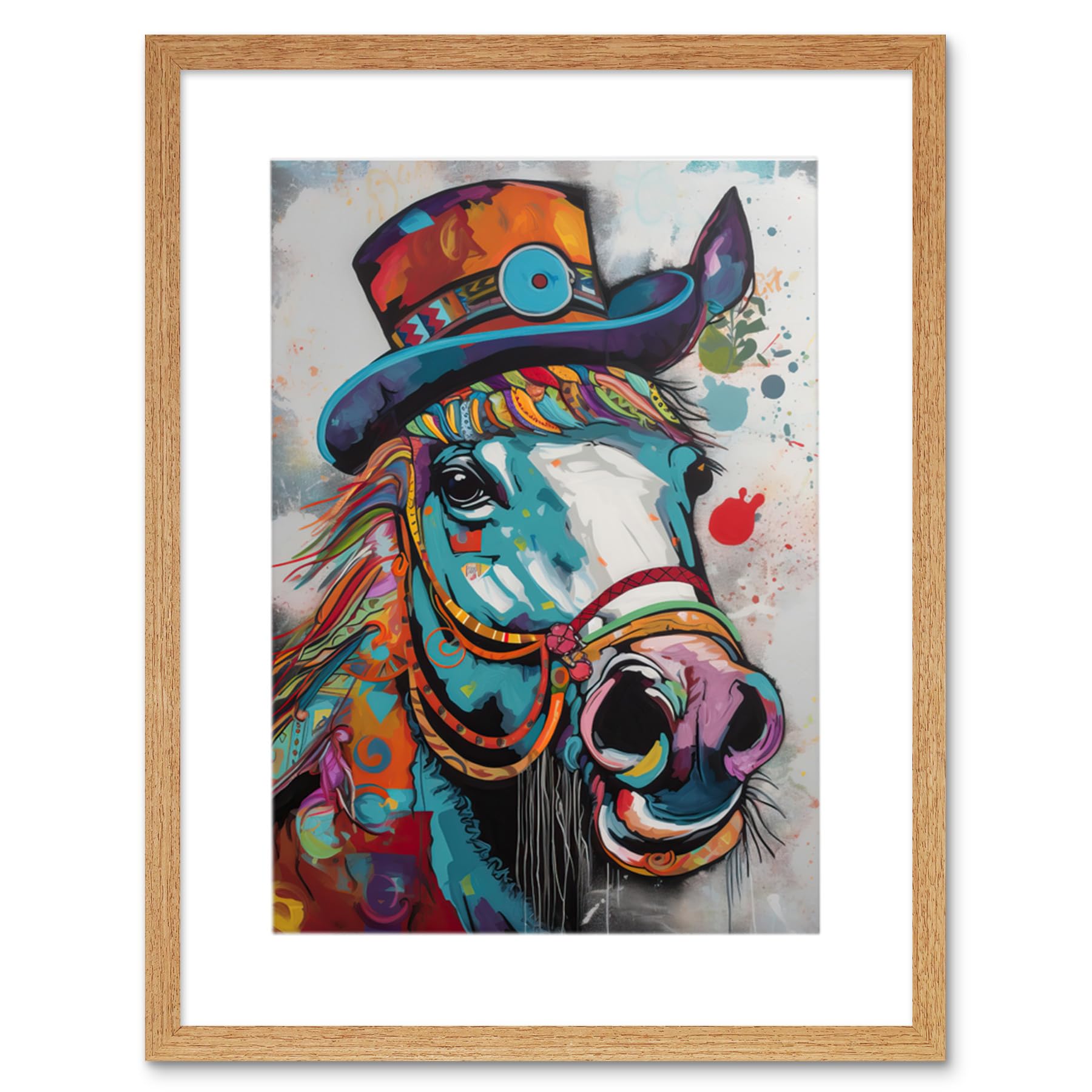 Artery8 Horse Hippie in Multicoloured Bridles and Top Hat Artwork Framed Wall Art Print 12X16 Inch