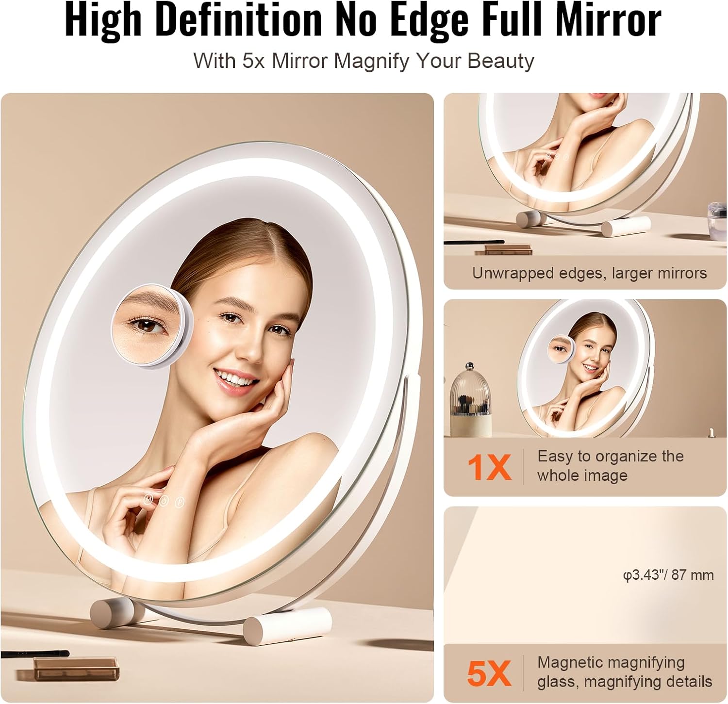 VEVOR 20” Vanity Mirror with Lights, LED Makeup Mirror 3 Color Lighting Modes, with 5X Magnification Mirror, Smart Touch Control, 360°Rotation,Round Lighted Makeup Mirror for Bedroom Tabletop (White)
