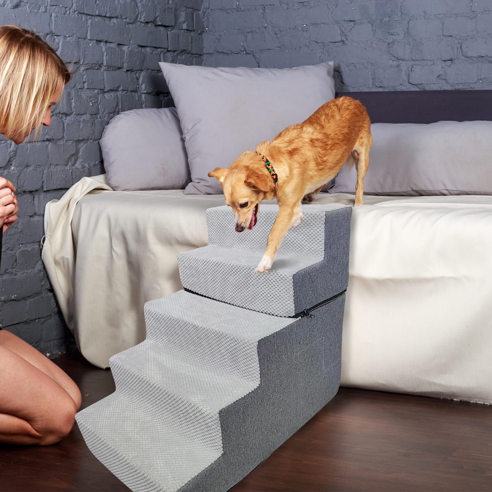 Galatée Scale Per Animali Domestici, Gradini Per Cani e Gatti Di Piccola Taglia, Rampa Antiscivolo, Scale Per Letti Alti e Divani, Fodera Lavabile Rimovibile (5 Passaggi)